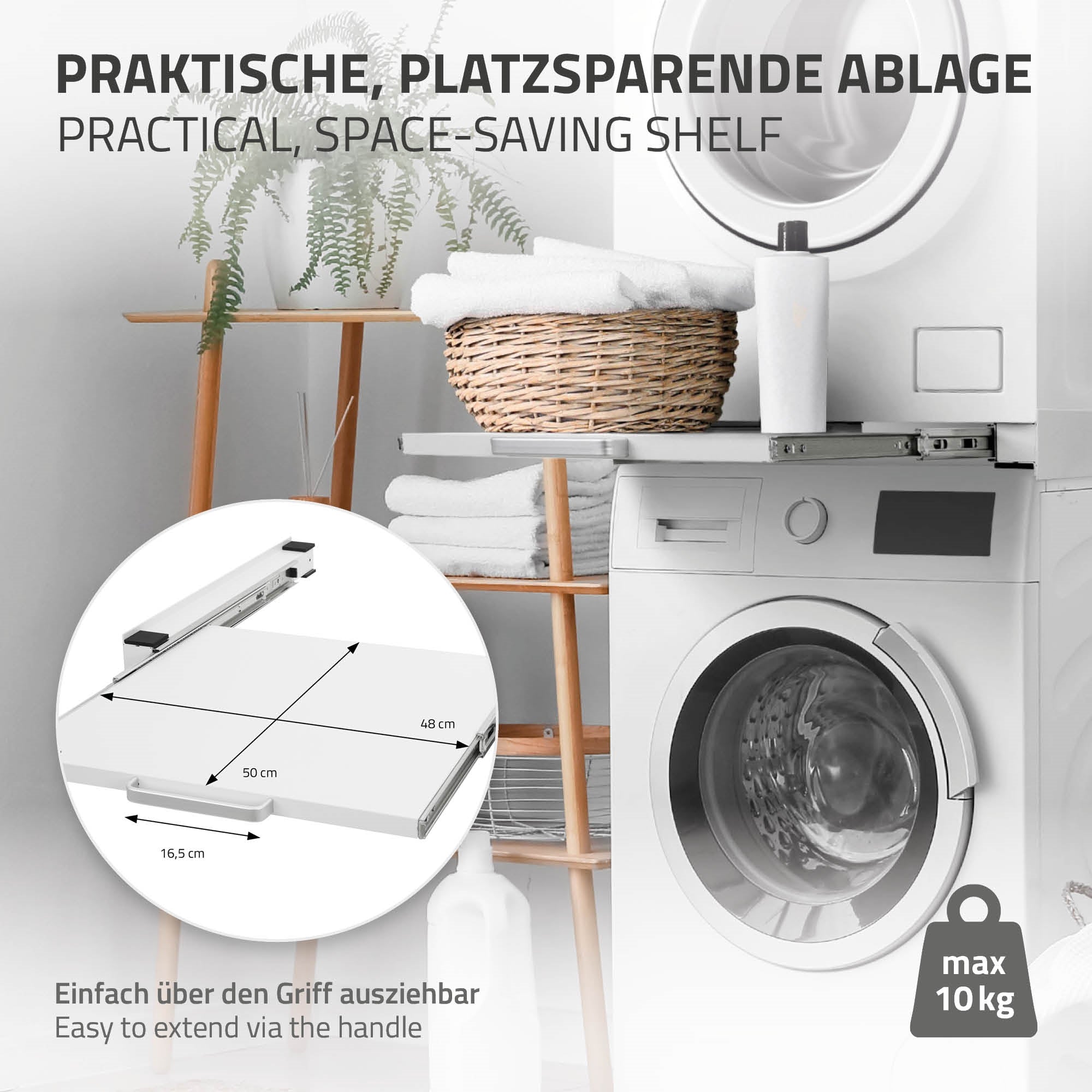 Practical, space-saving shelf, depicted next to a washing machine.