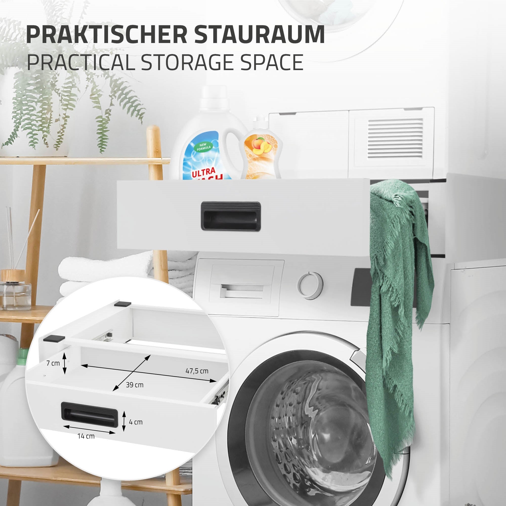 Wasmachine met opbergruimte en schoonmaakmiddelen, groene handdoek en maatgegevens.