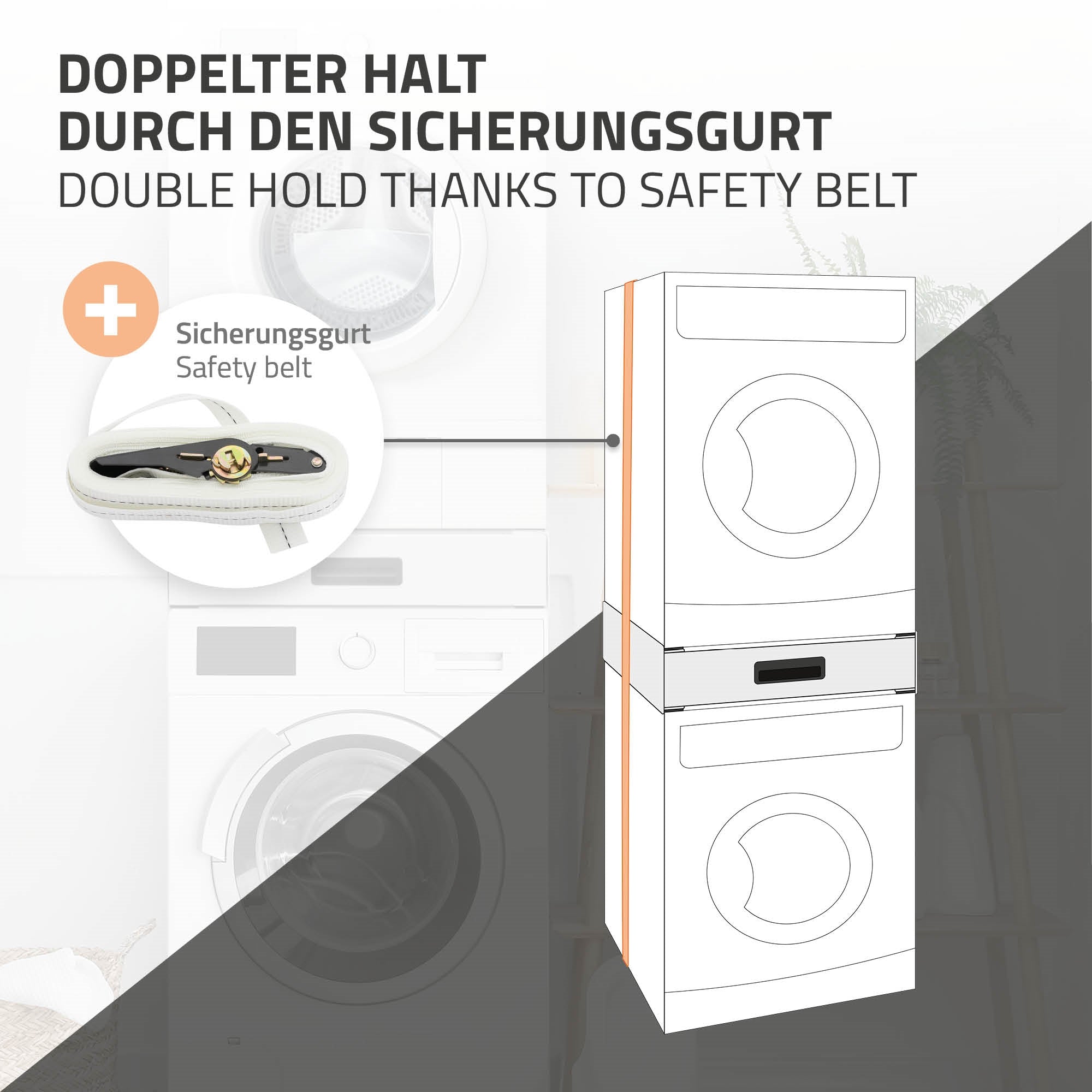 Illustration eines Waschmaschinenstapels mit Sicherheitsgurt zur Stabilität.