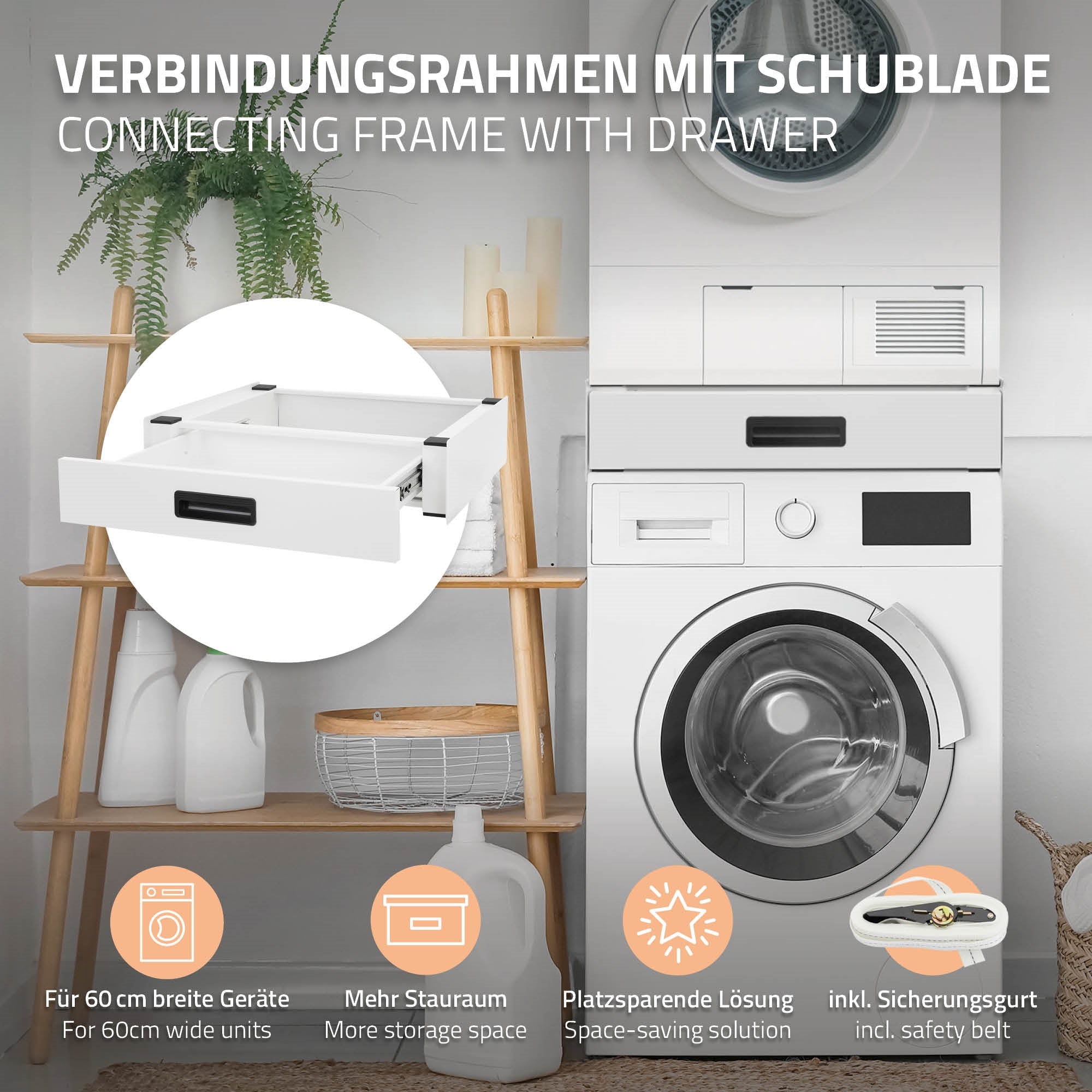 Verbindingsframe met lade, afgebeeld naast een wasmachine.