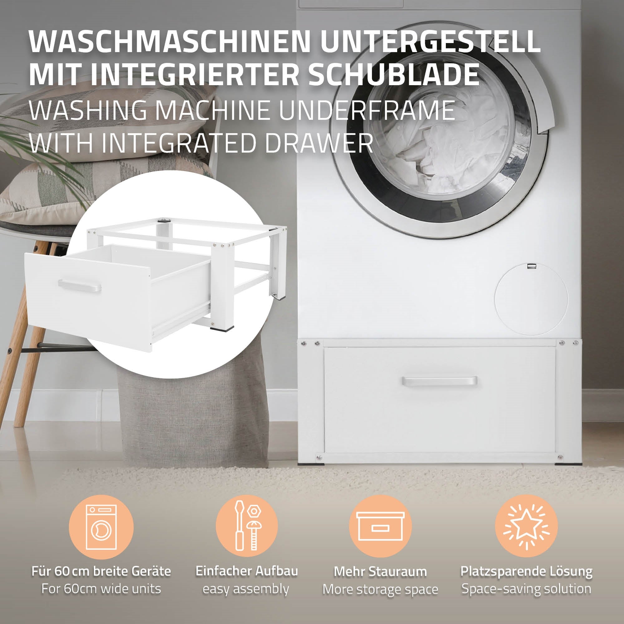 Base for washing machine with integrated drawer.