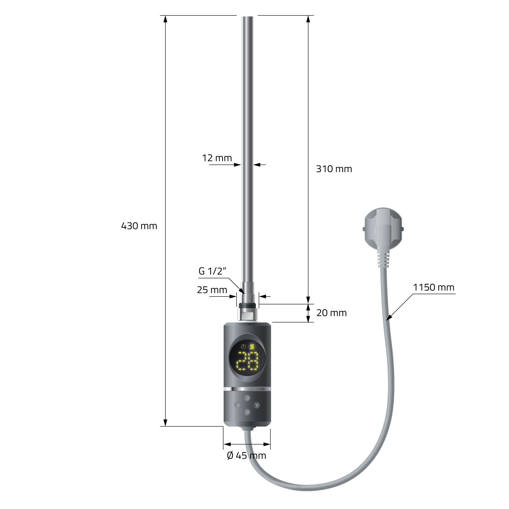 Dispositivo tecnico con display e cavo, le misure sono indicate.