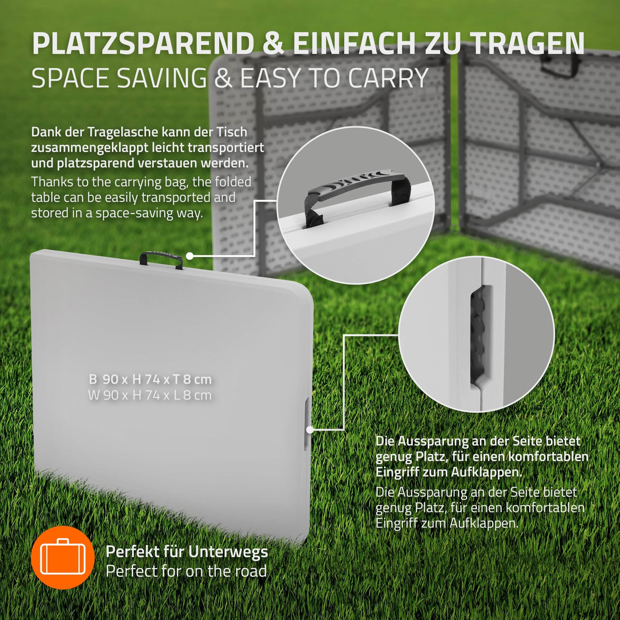Zusammengeklappter Tisch mit Tragegriff, der in einer Tragetasche verstaut ist.