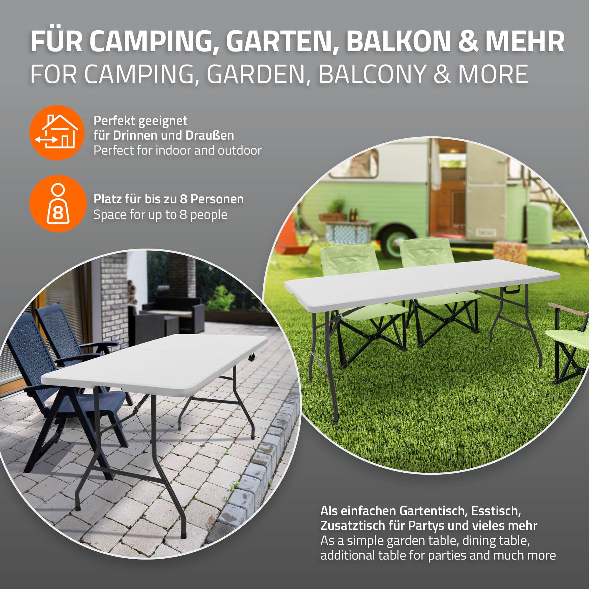Ein Tisch für Camping und Garten mit Platz für bis zu 8 Personen.