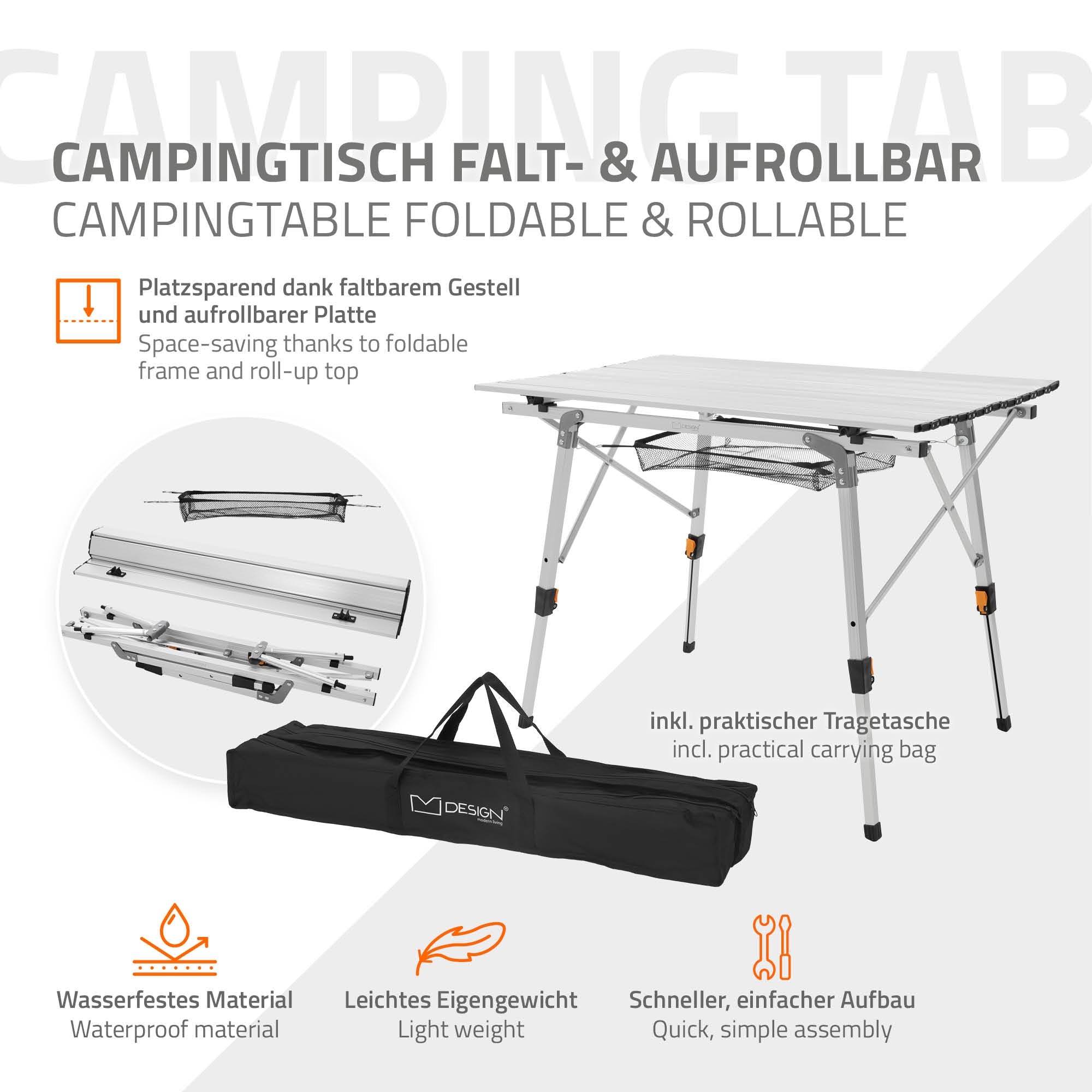 Table de camping pliable avec sac de transport et pièces pliables.