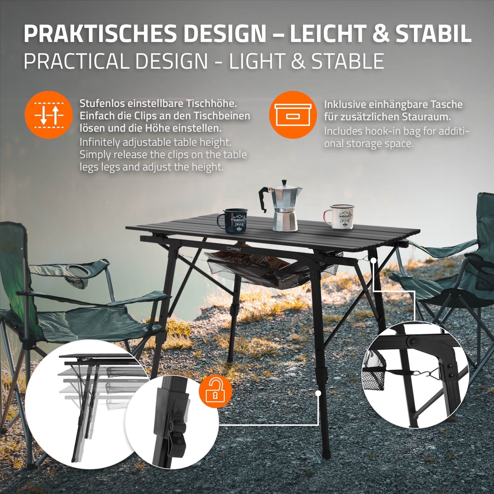 Faltbarer Tisch mit Kaffeekanne und zwei Stühlen im Freien.