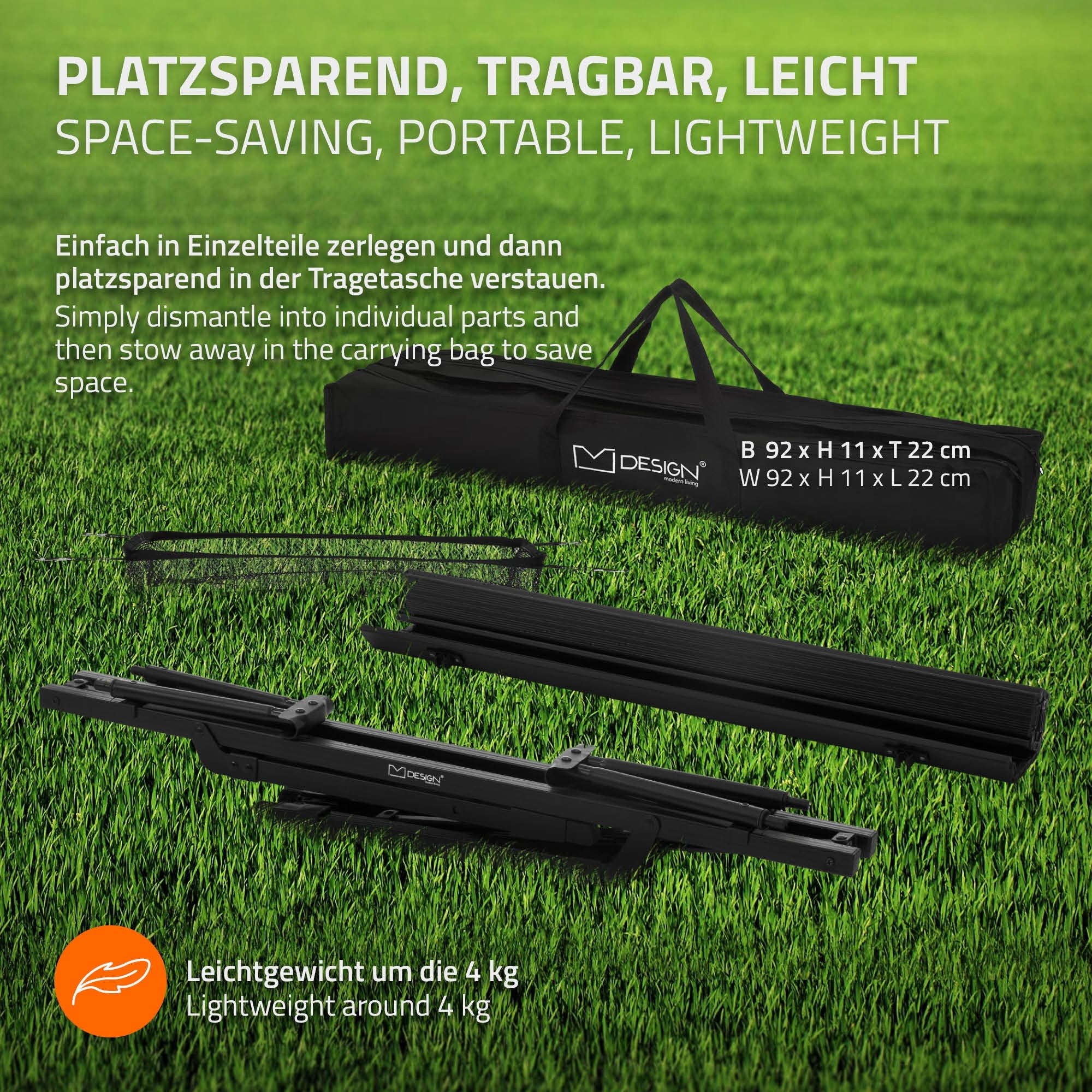 Tragbare, platzsparende Aufbewahrungslösung auf grünem Rasen.