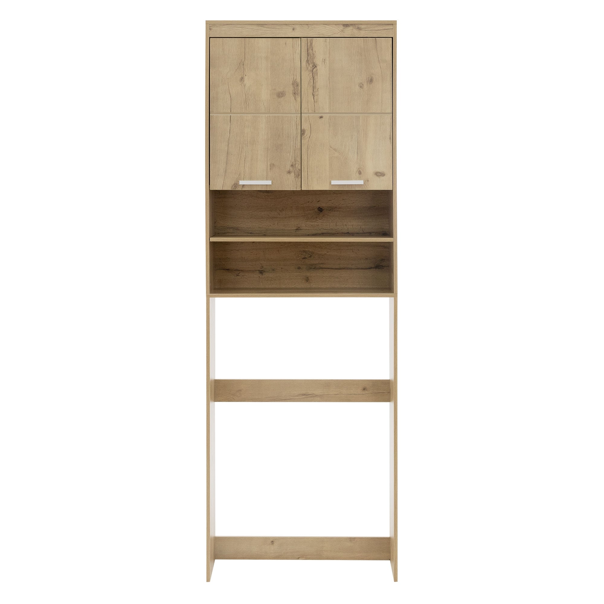 Houten kast met twee deuren en een open plank eronder.