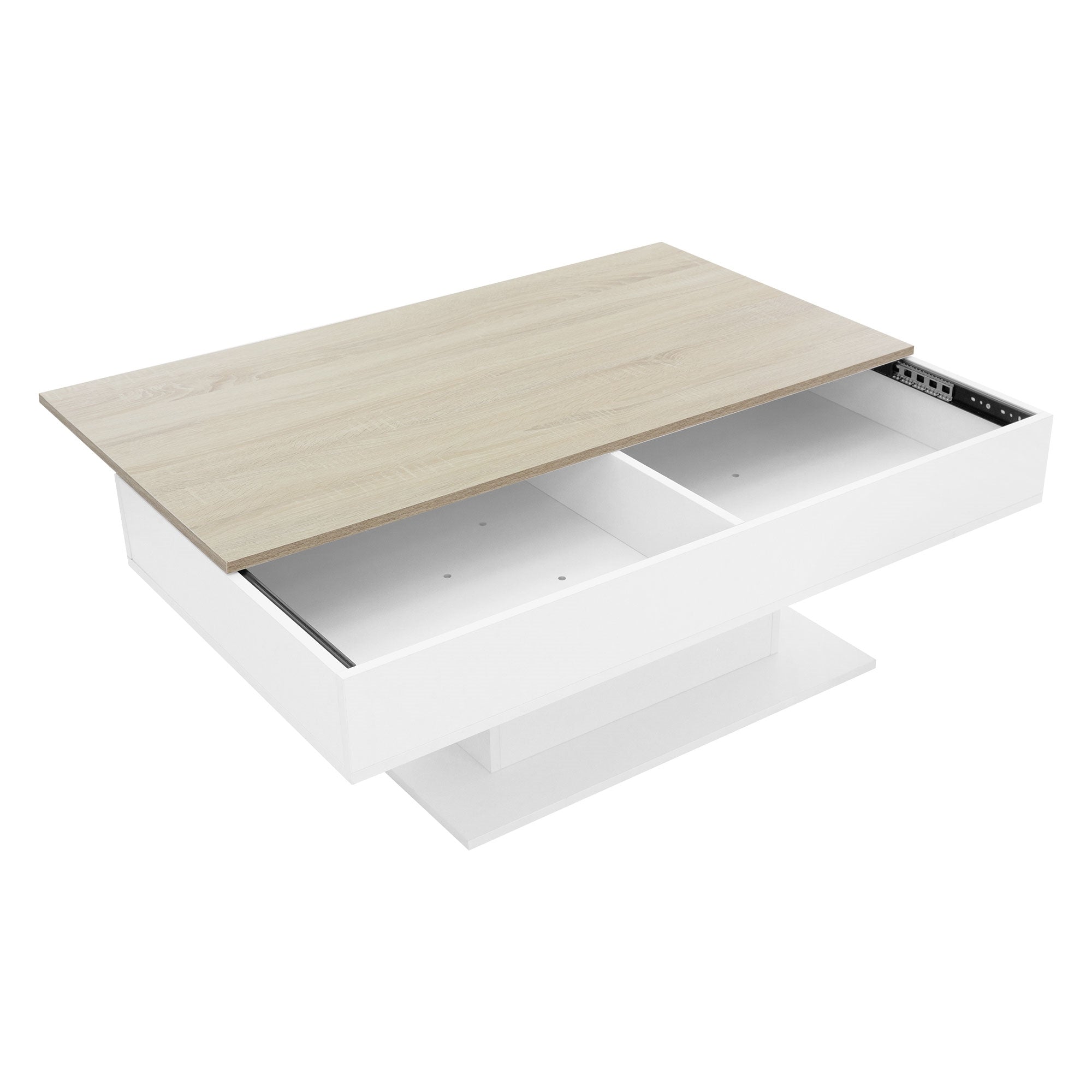 Weißer Couchtisch mit hellen Holzdetails und zwei Schubladen.