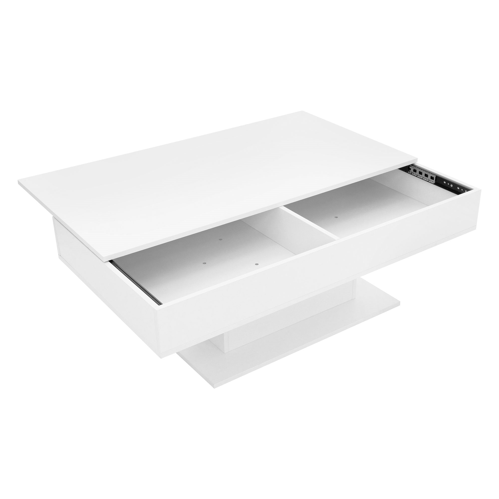 Et hvidt sofabord med to skuffer og et moderne design.