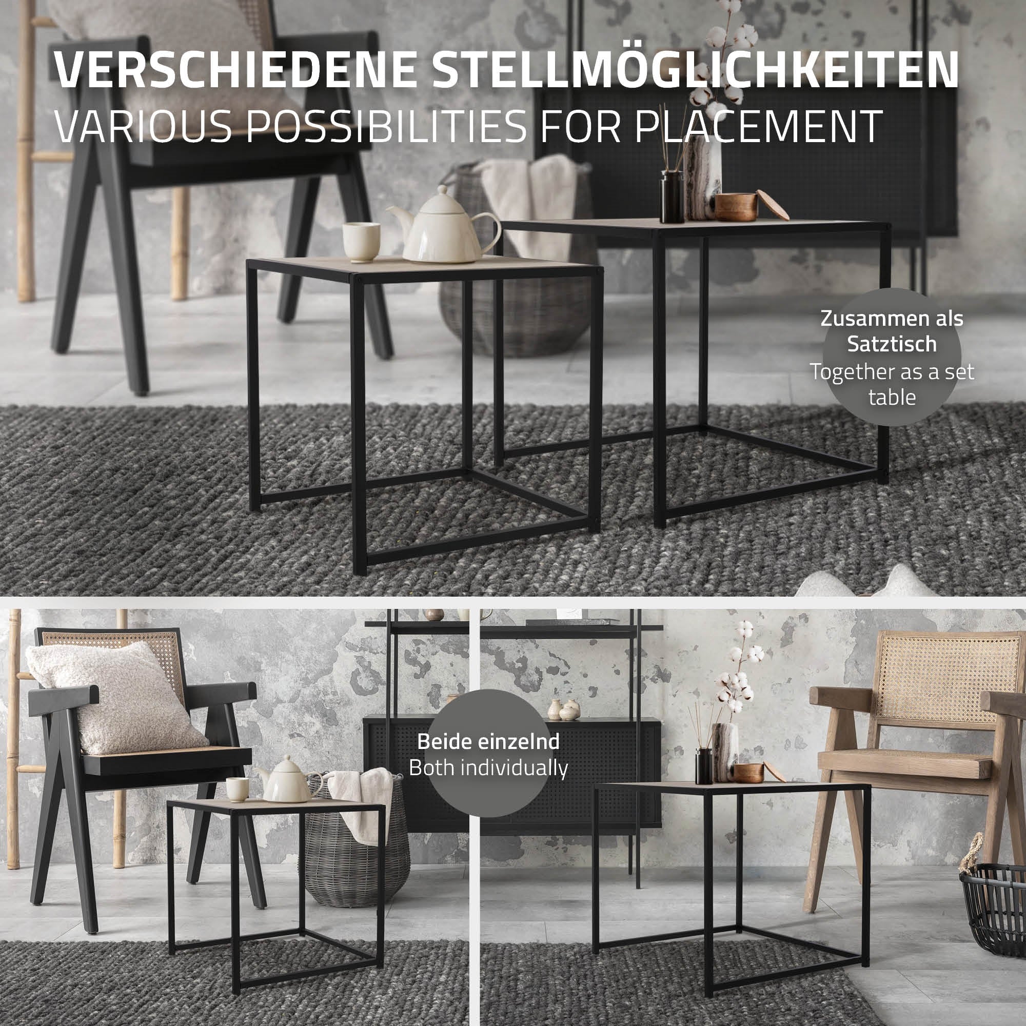Deux tables noires sur un tapis, avec des chaises en arrière-plan.
