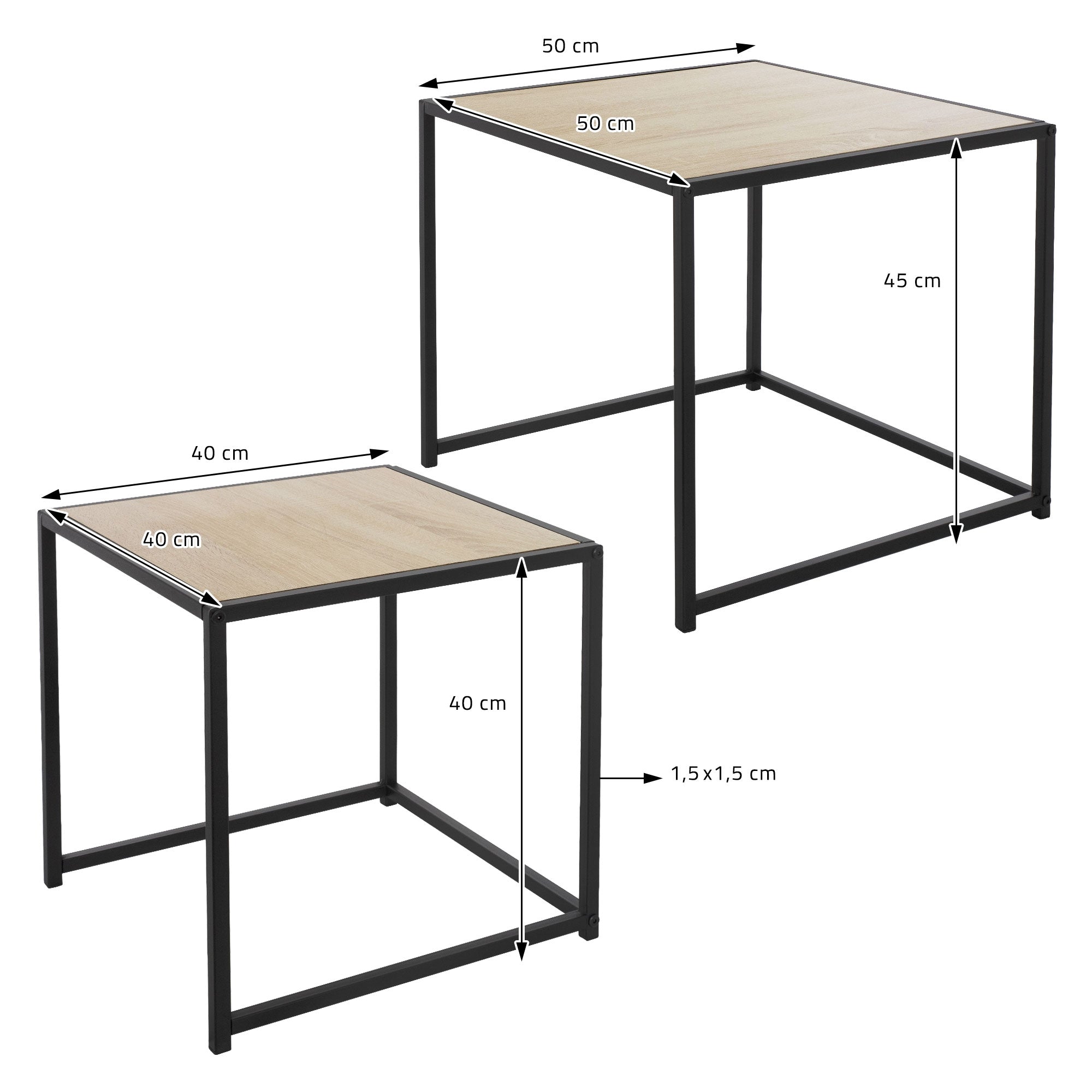 Dessin technique pour deux tables avec surface en bois et cadre en métal.