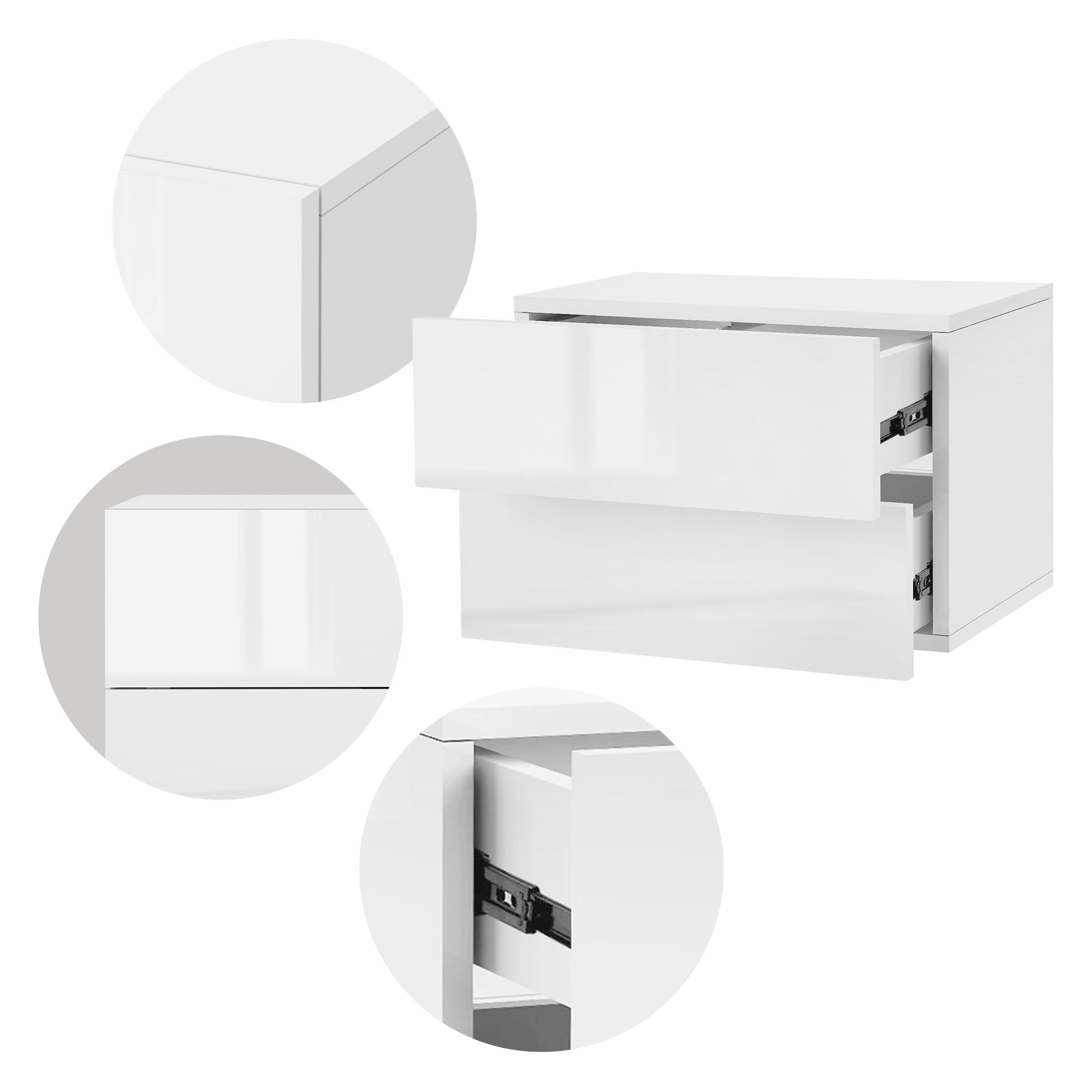 Weißer Schrank mit zwei Schubladen, Detailansicht der Schubladen.