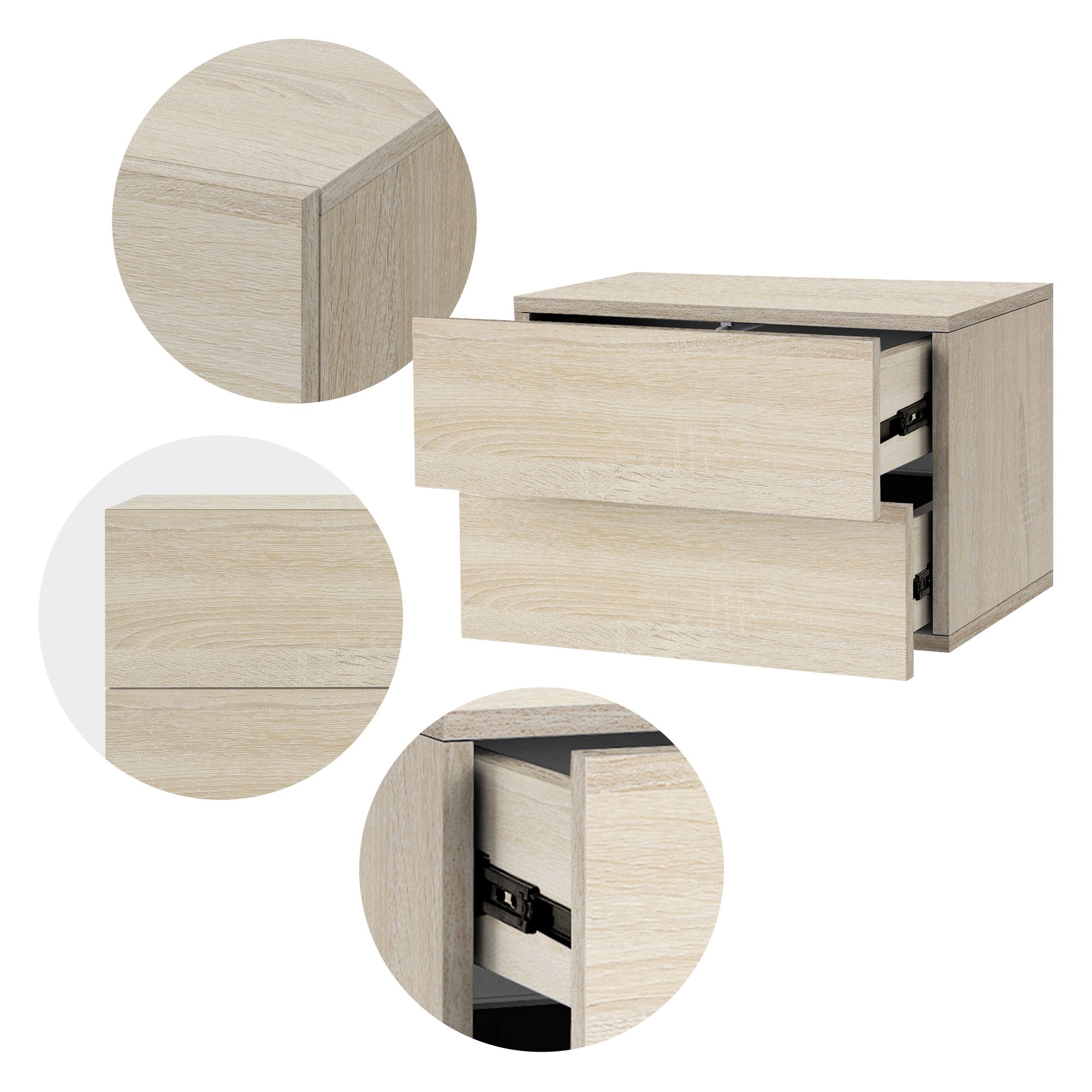 Holzschublade mit zwei Schubladen, in hellem Holzdesign.