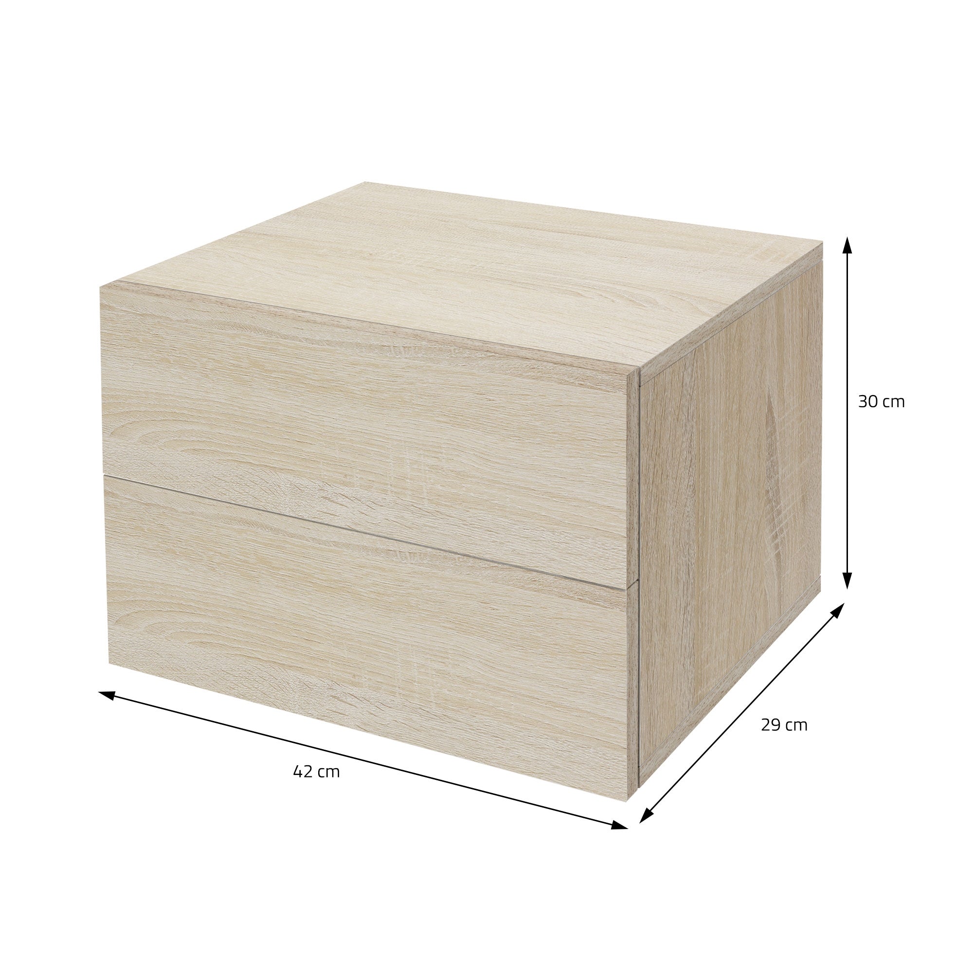 Holzkasten in heller Farbe mit zwei Schubladen und Maßen 42 x 30 x 29 cm.