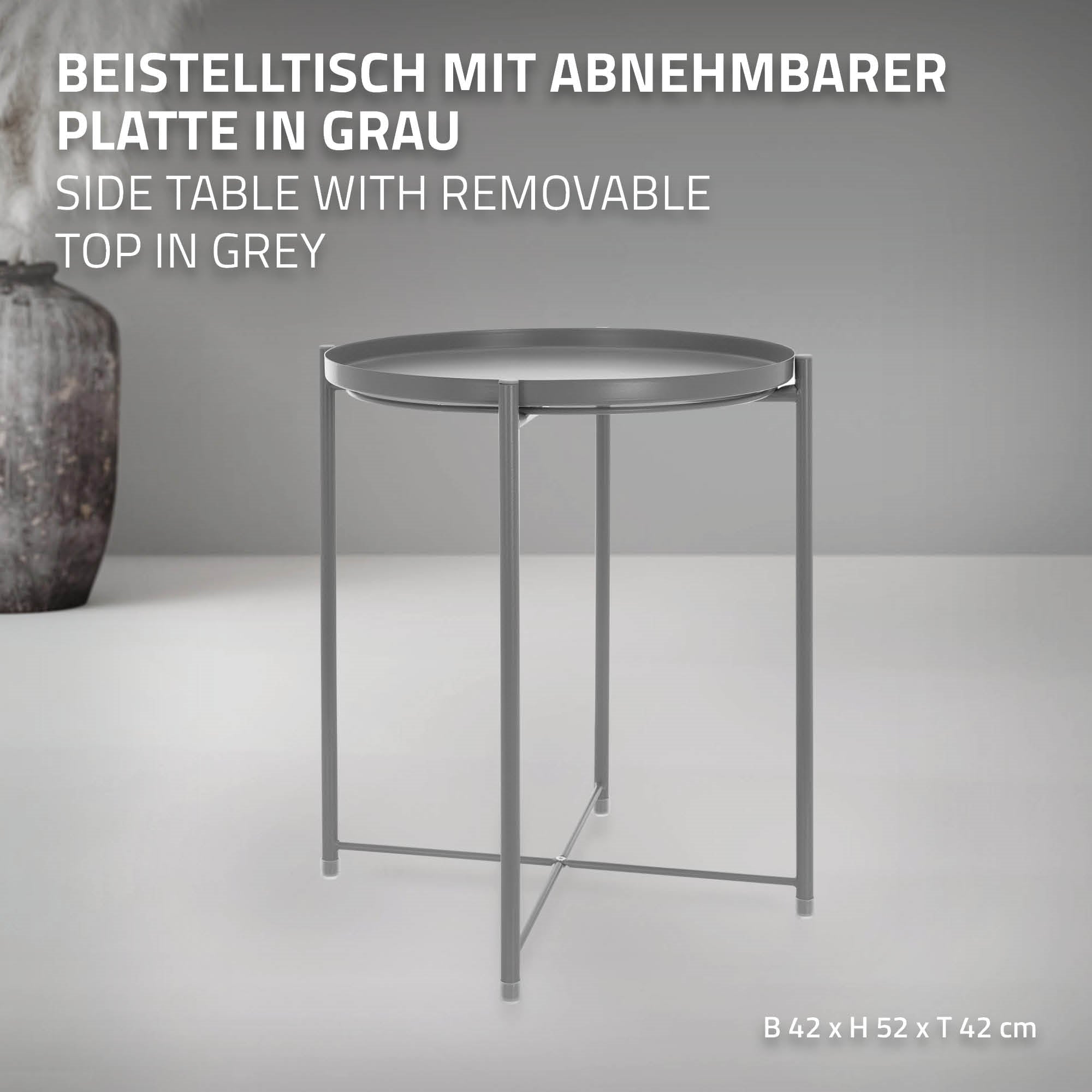 Grauer Beistelltisch mit abnehmbarer Platte und Maße B42 x H52 x T42 cm.