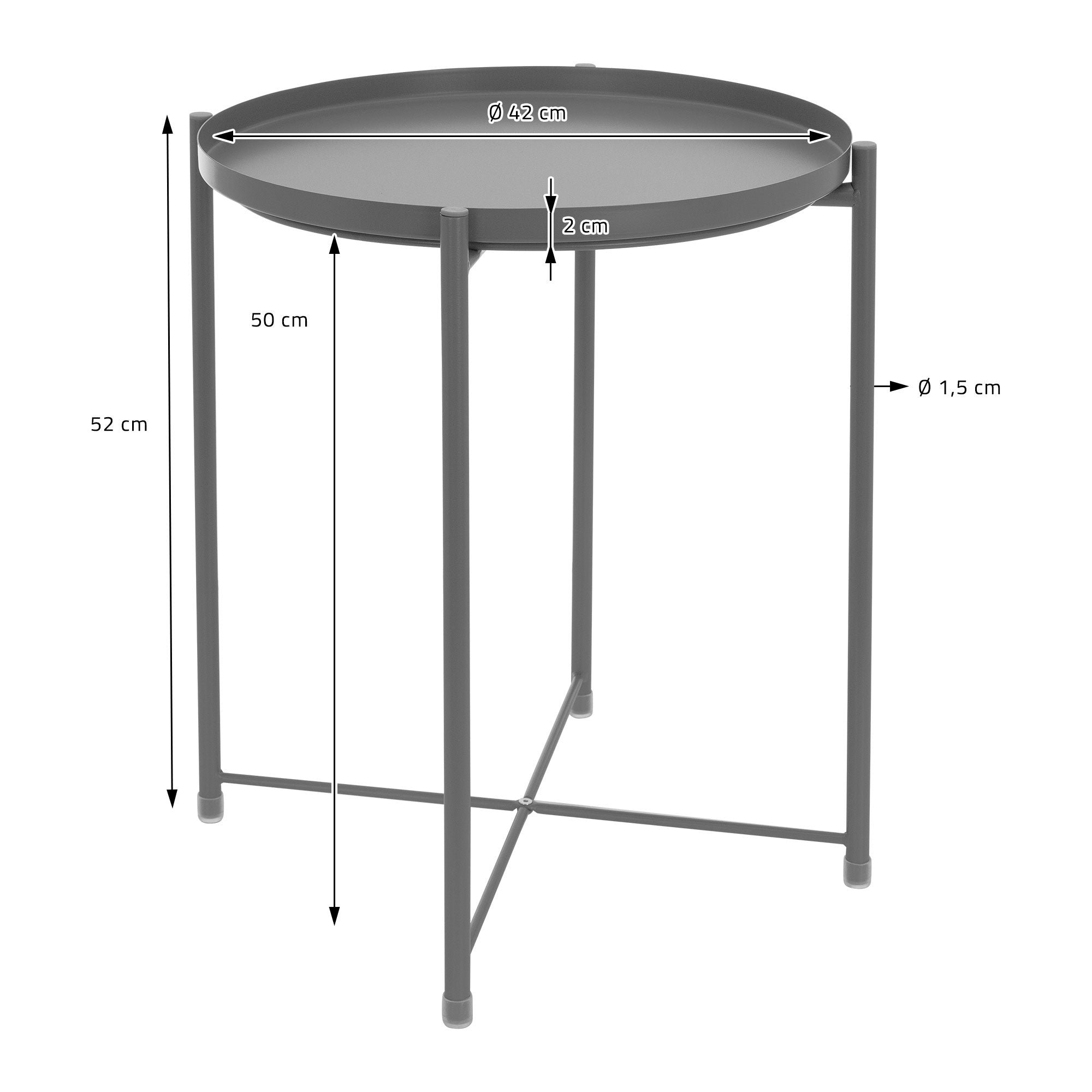 Runder Tisch mit Maßen: Durchmesser 42 cm, Höhe 52 cm, Beine 1,5 cm dick.