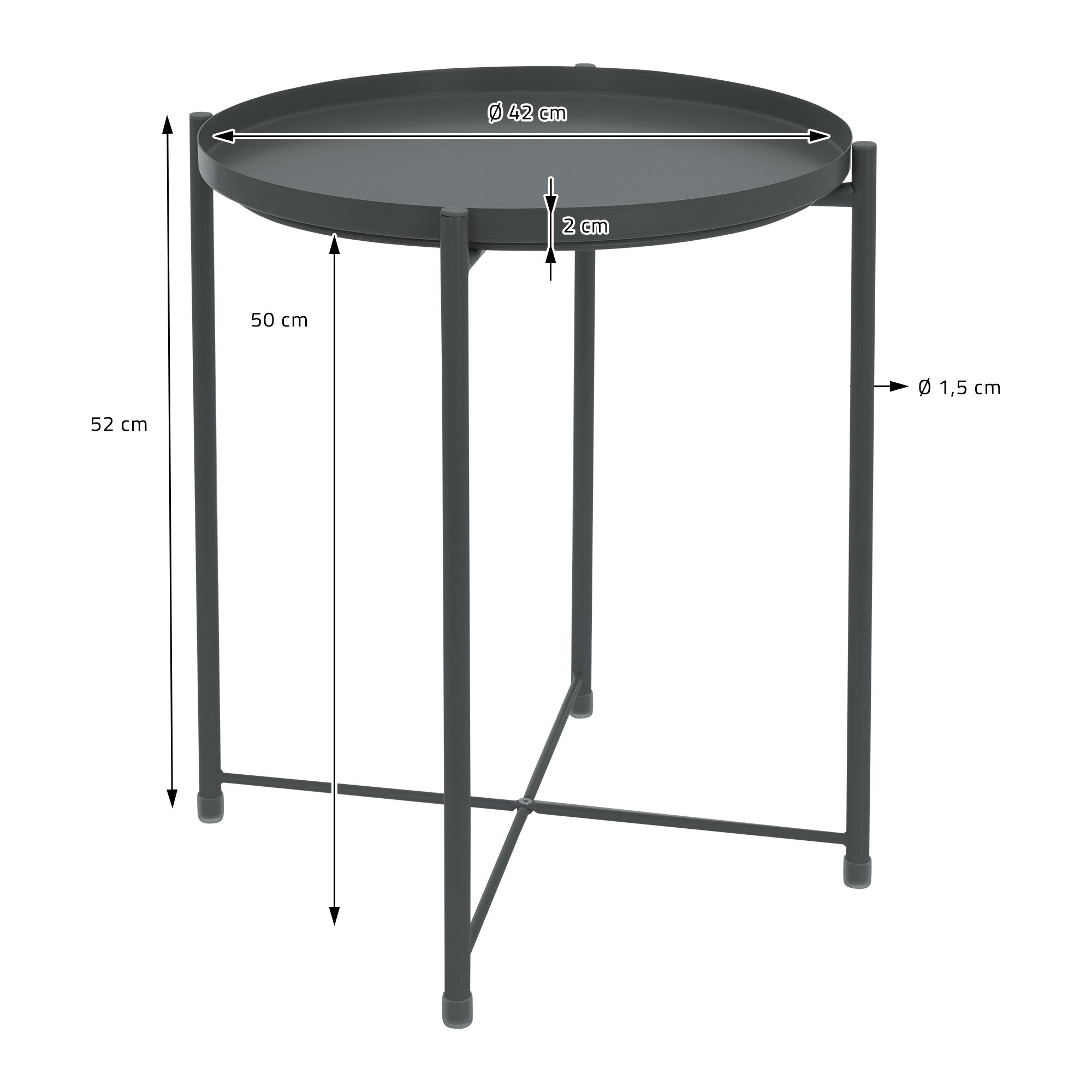 Runder Tisch mit Maßen: Durchmesser 42 cm, Höhe 52 cm, Beine 1,5 cm dick.