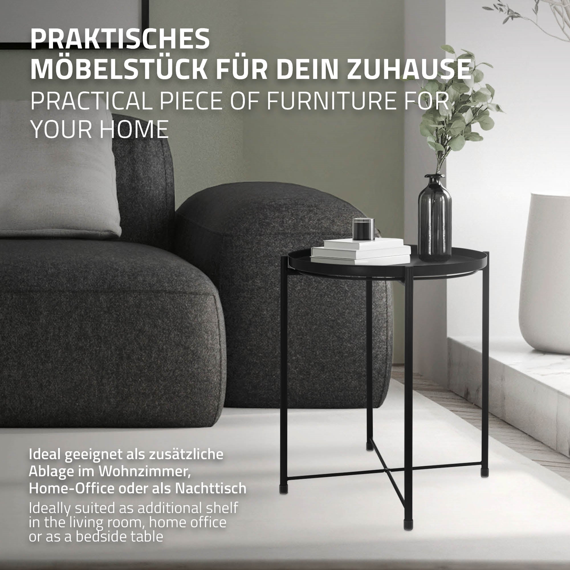 Schwarzer Beistelltisch mit runder Platte, ideal für Wohnzimmer oder als Nachttisch.