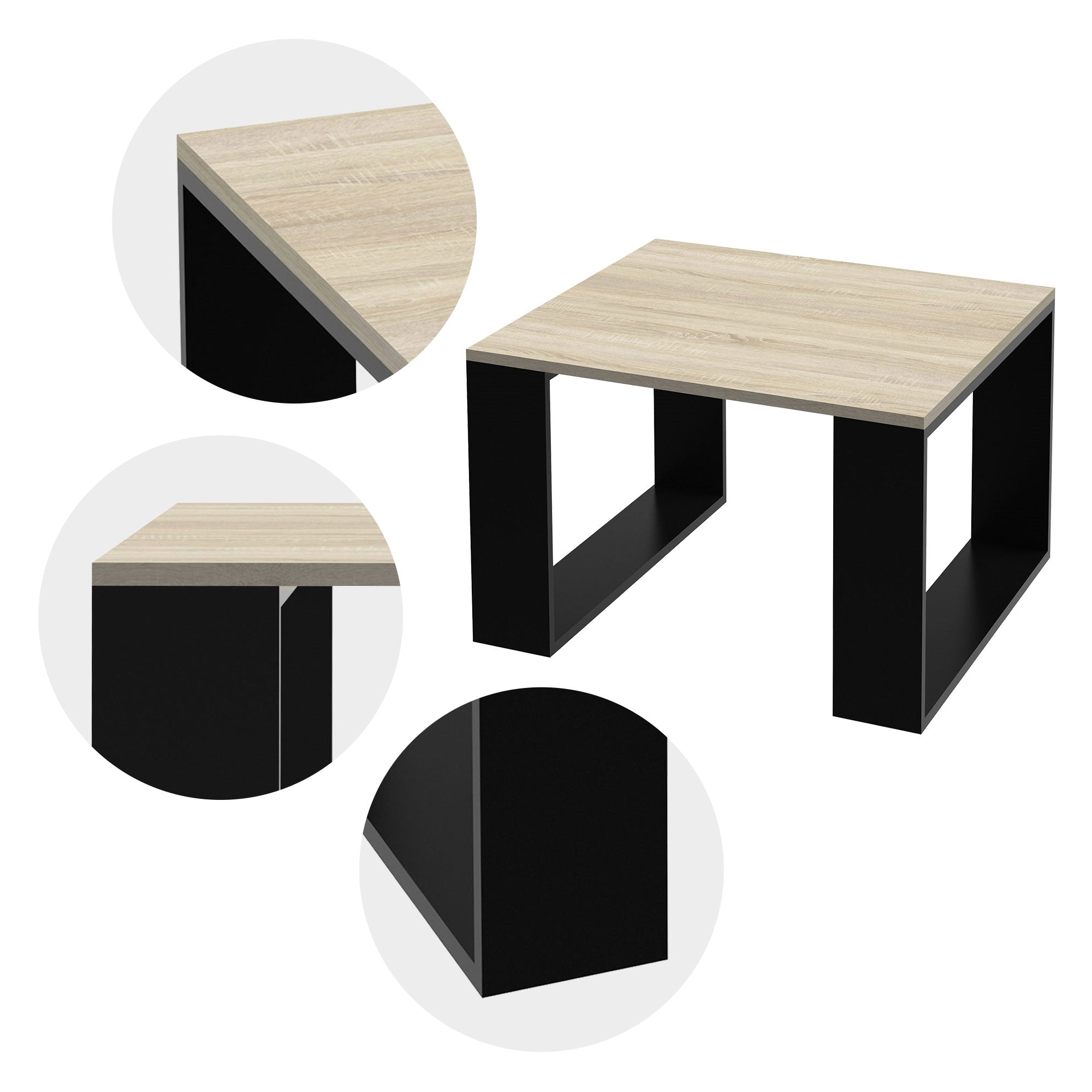 Mesa con superficie cuadrada de madera y patas negras, vistas detalladas de las esquinas.