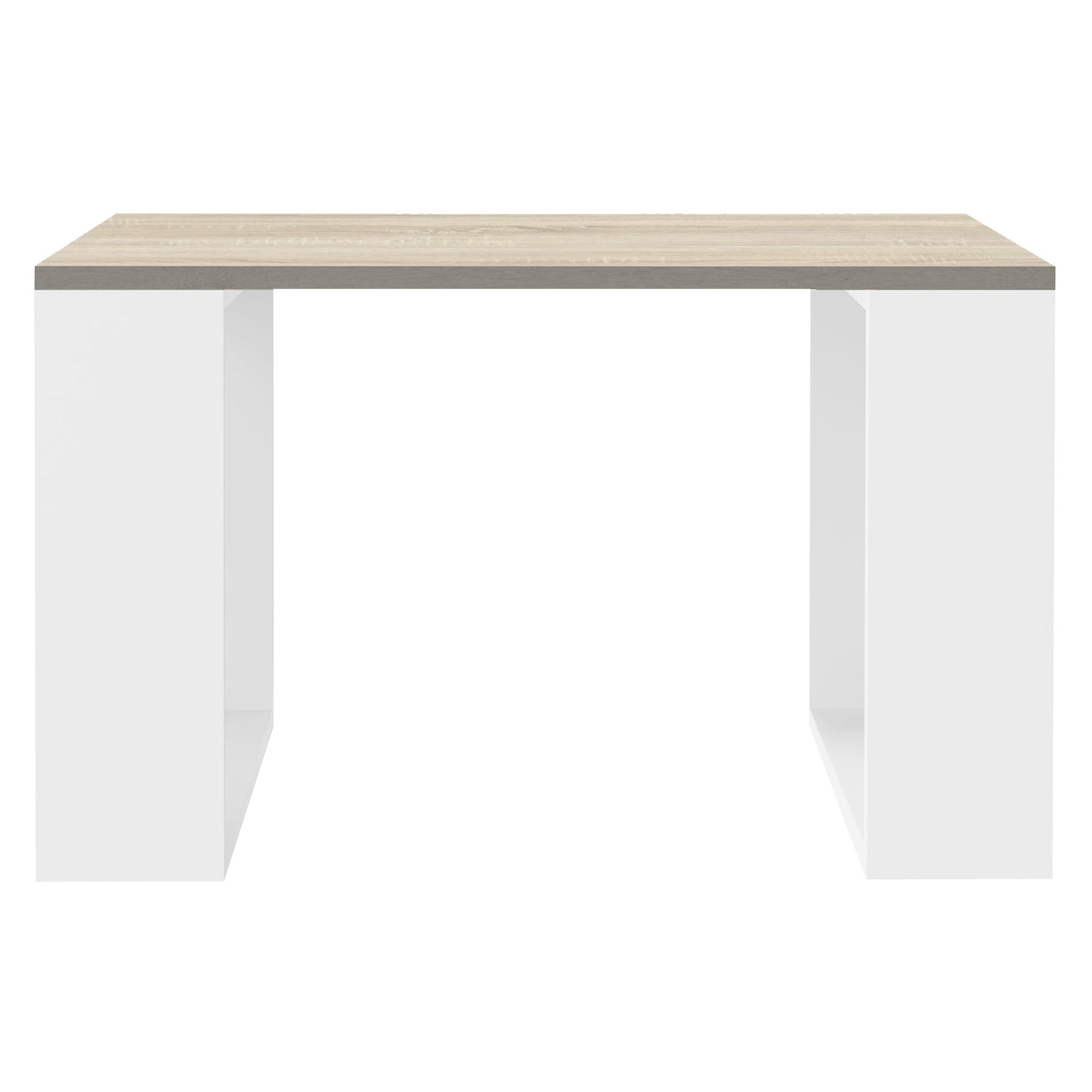 Een witte tafel met houten blad, rechthoekig en met twee open zijkanten.