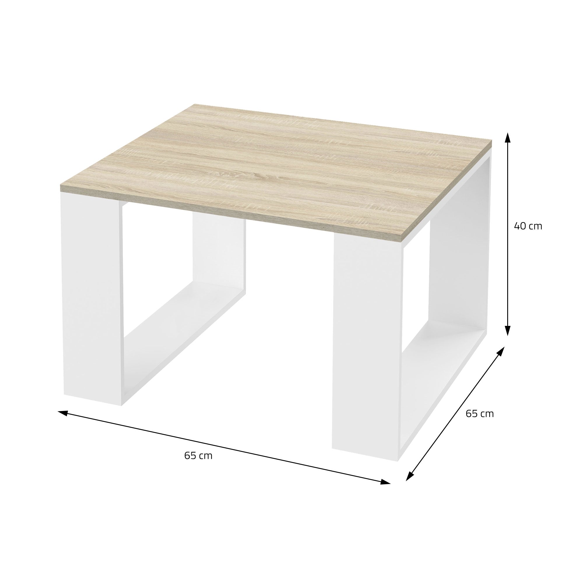 Vierkante tafel met houten oppervlak en witte zijkanten, afmetingen zijn ingetekend.