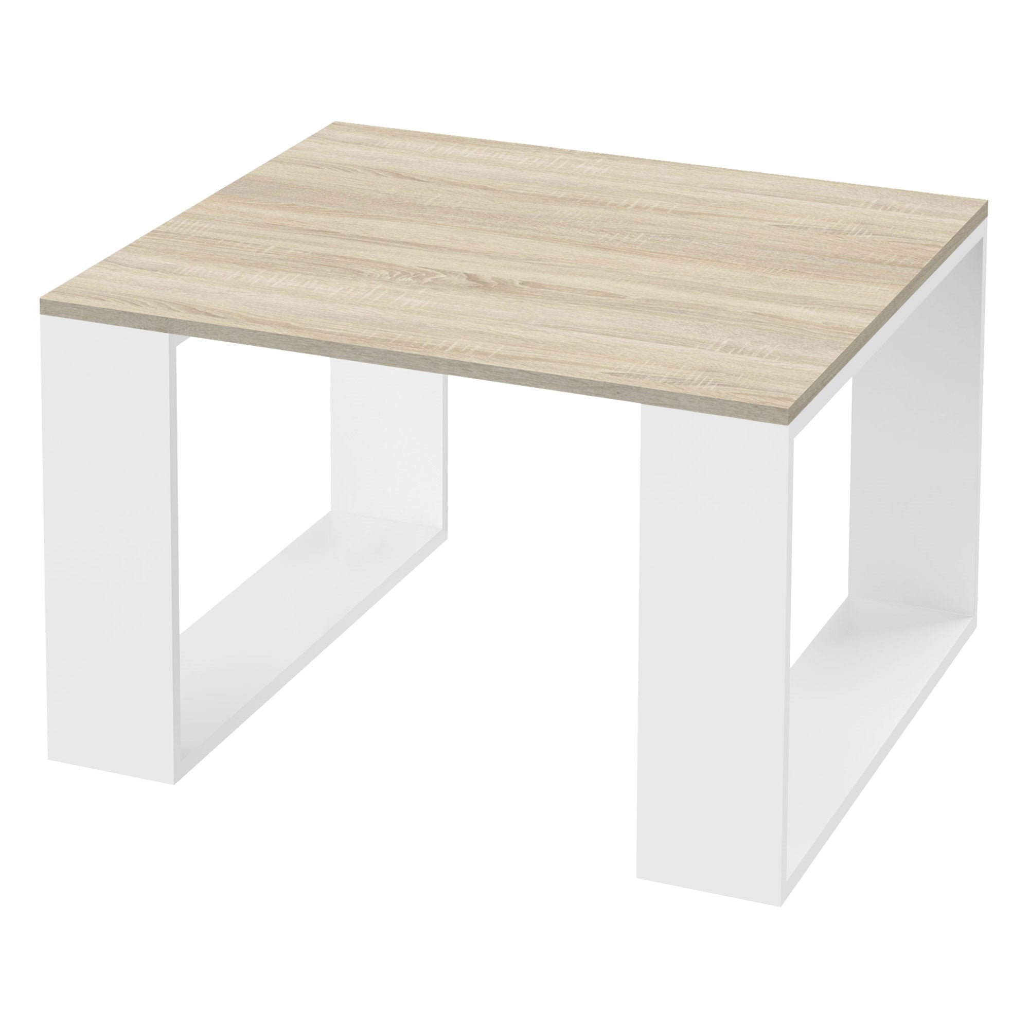 Vierkante tafel met houten oppervlak en witte, open tafelpoten.