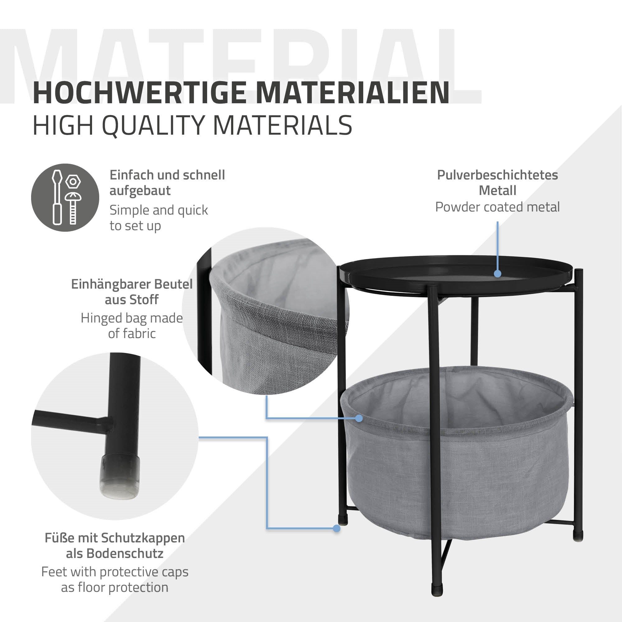 Mesa con estructura de metal negro y bolsa de tela gris, sobre un fondo claro.