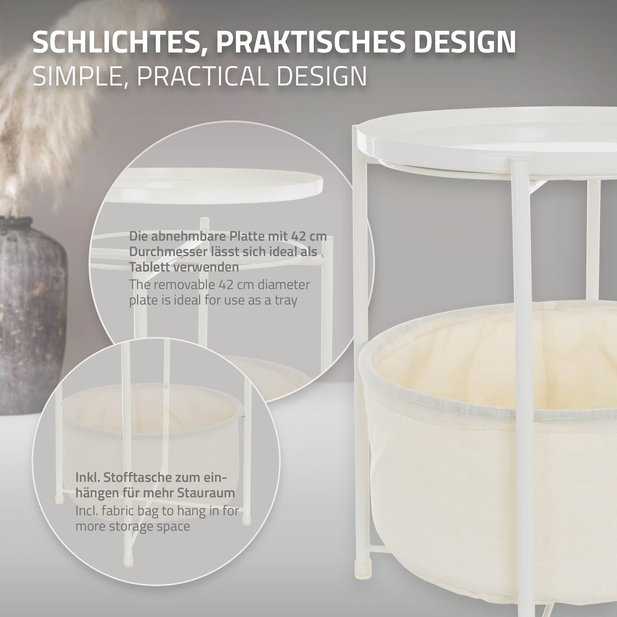 Grafik mit Informationen zu einem Beistelltisch und Stauraum.