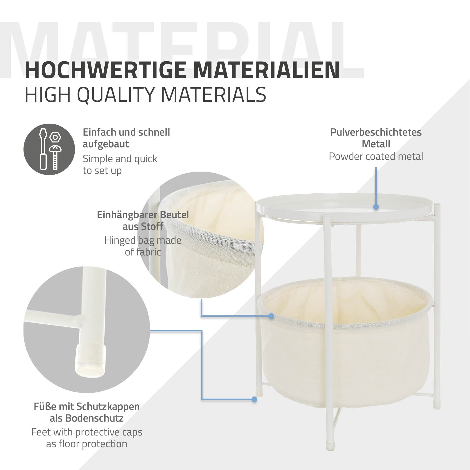 Tisch mit abnehmbarem Beutel, pulverbeschichtetem Metall und Füßen mit Schutzkappen.
