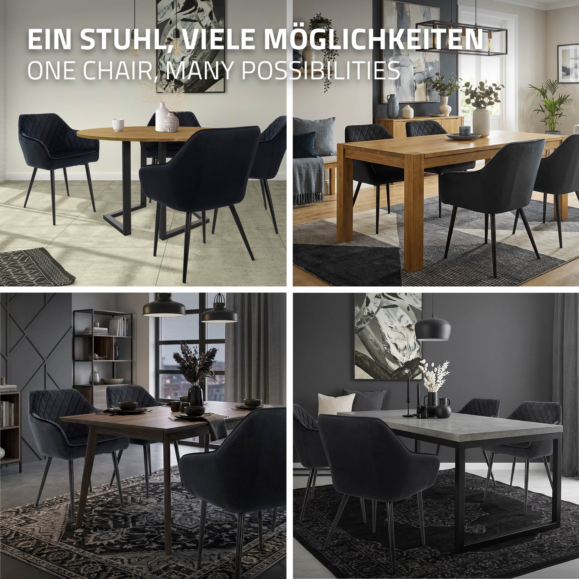Vier Bilder eines Esszimmers mit verschiedenen Stuhl- und Tischanordnungen.