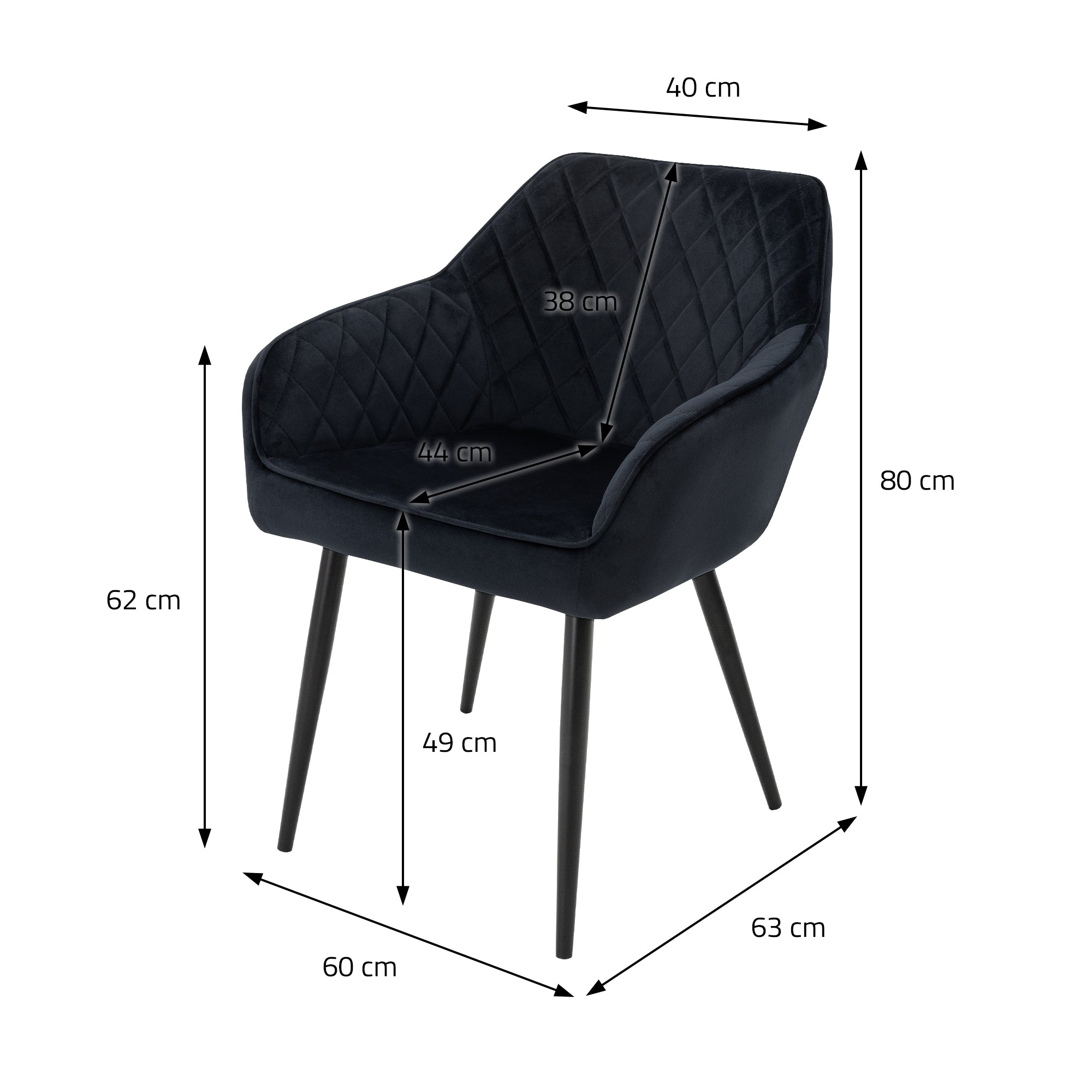Disegno dimensionale di una sedia nera con misure in centimetri.