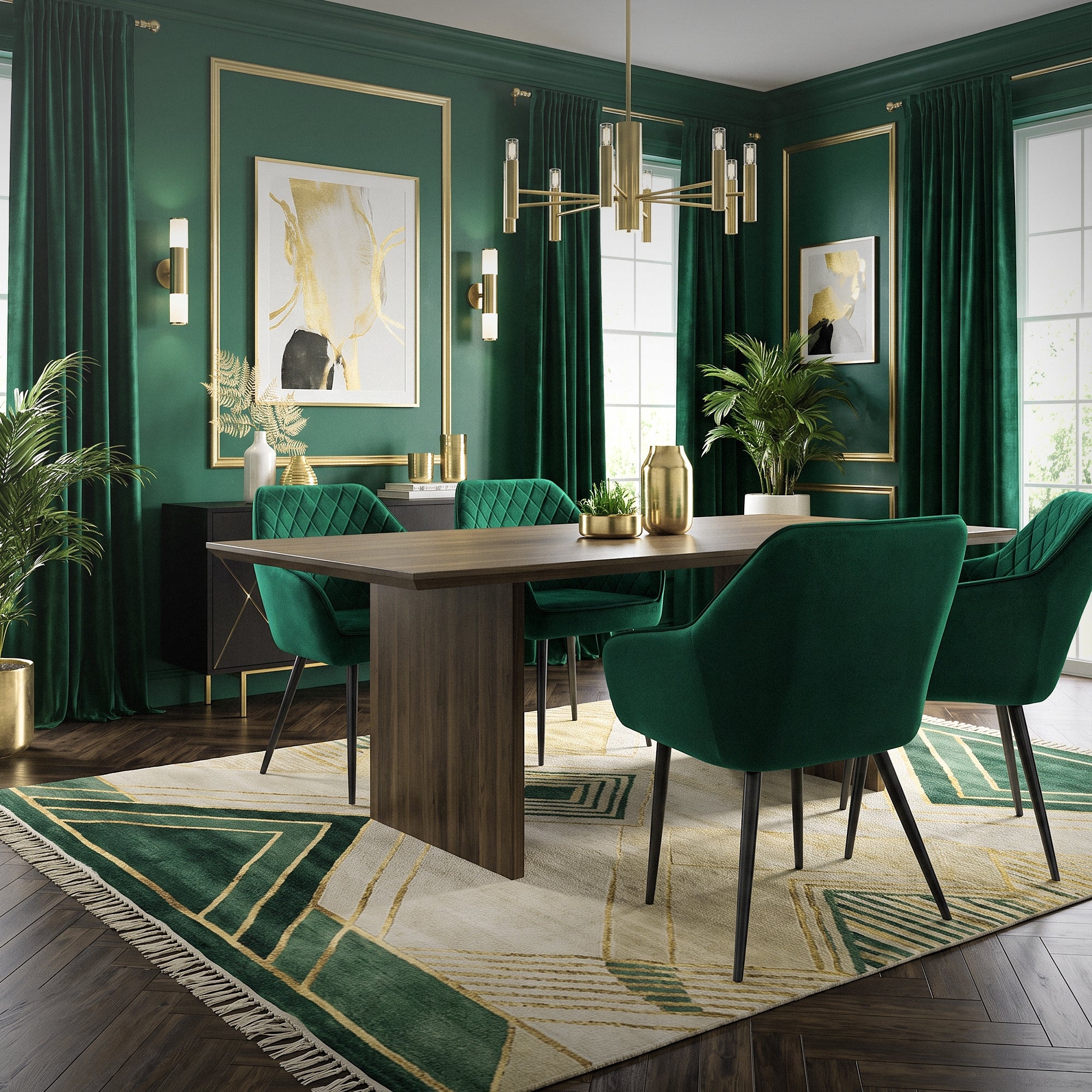Salle à manger avec des chaises vertes, une grande table et des éléments décoratifs.