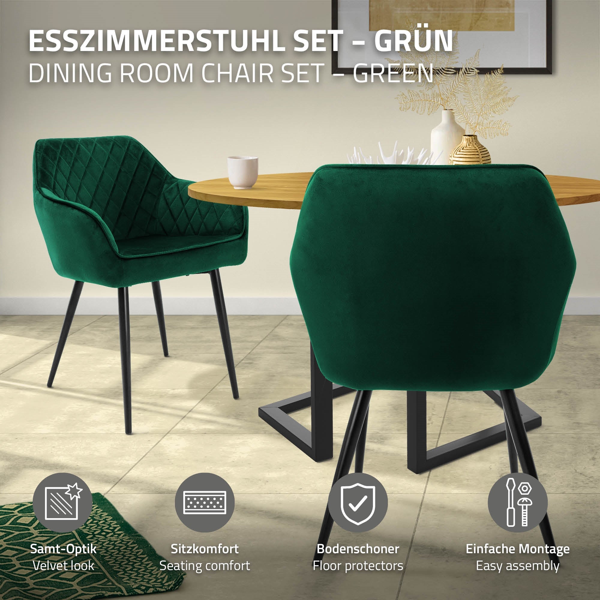 Ensemble de chaises de salle à manger vertes, avec table et protections de sol.