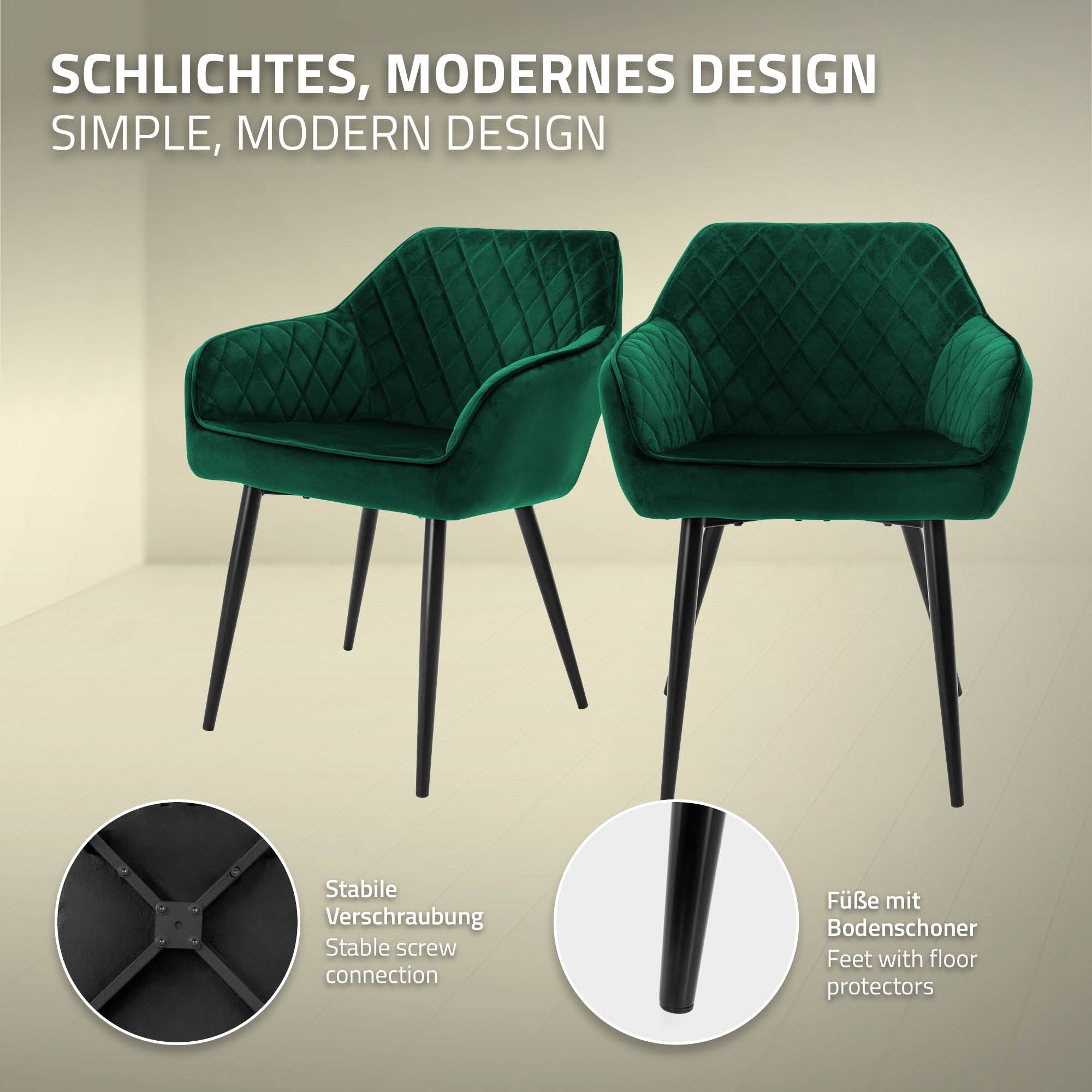 Deux chaises vertes avec une connexion stable et des pieds avec protections de sol.