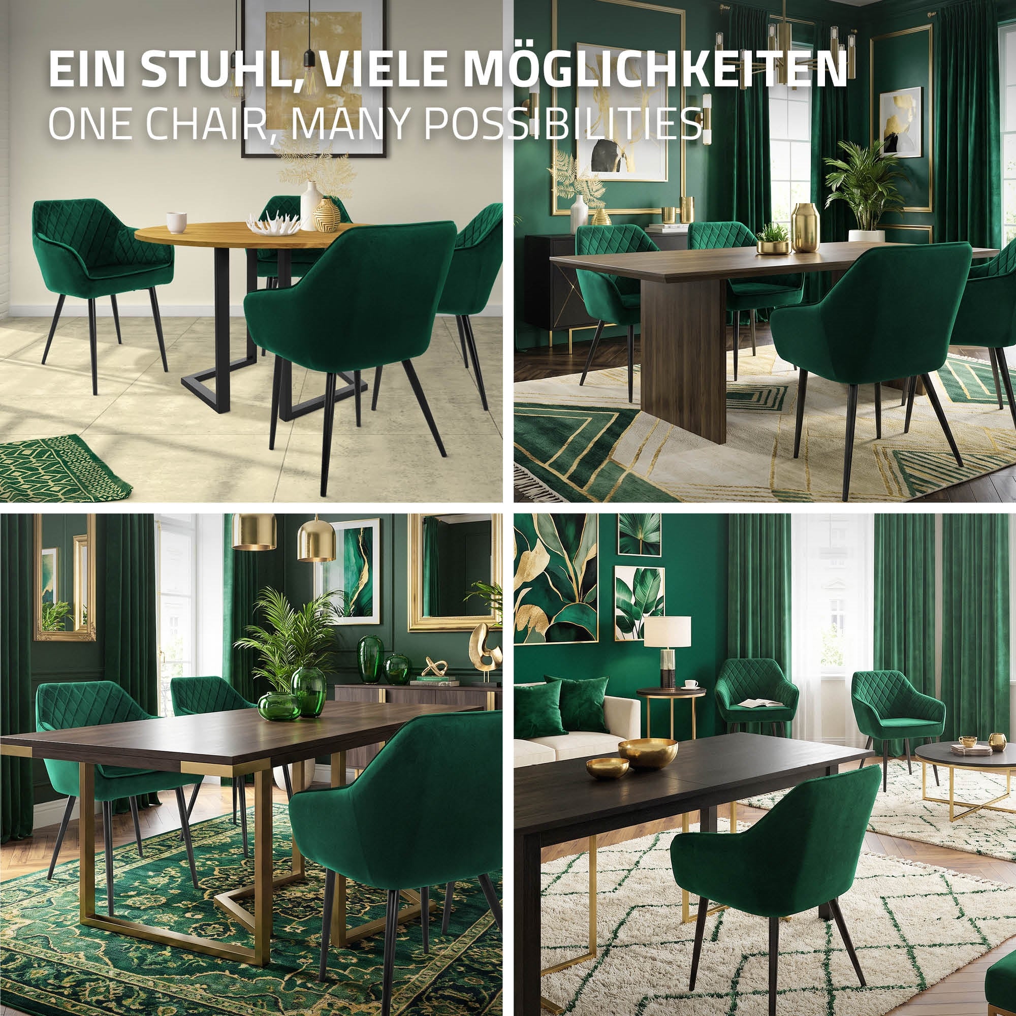 Collage de chaises vertes dans différentes salles à manger.