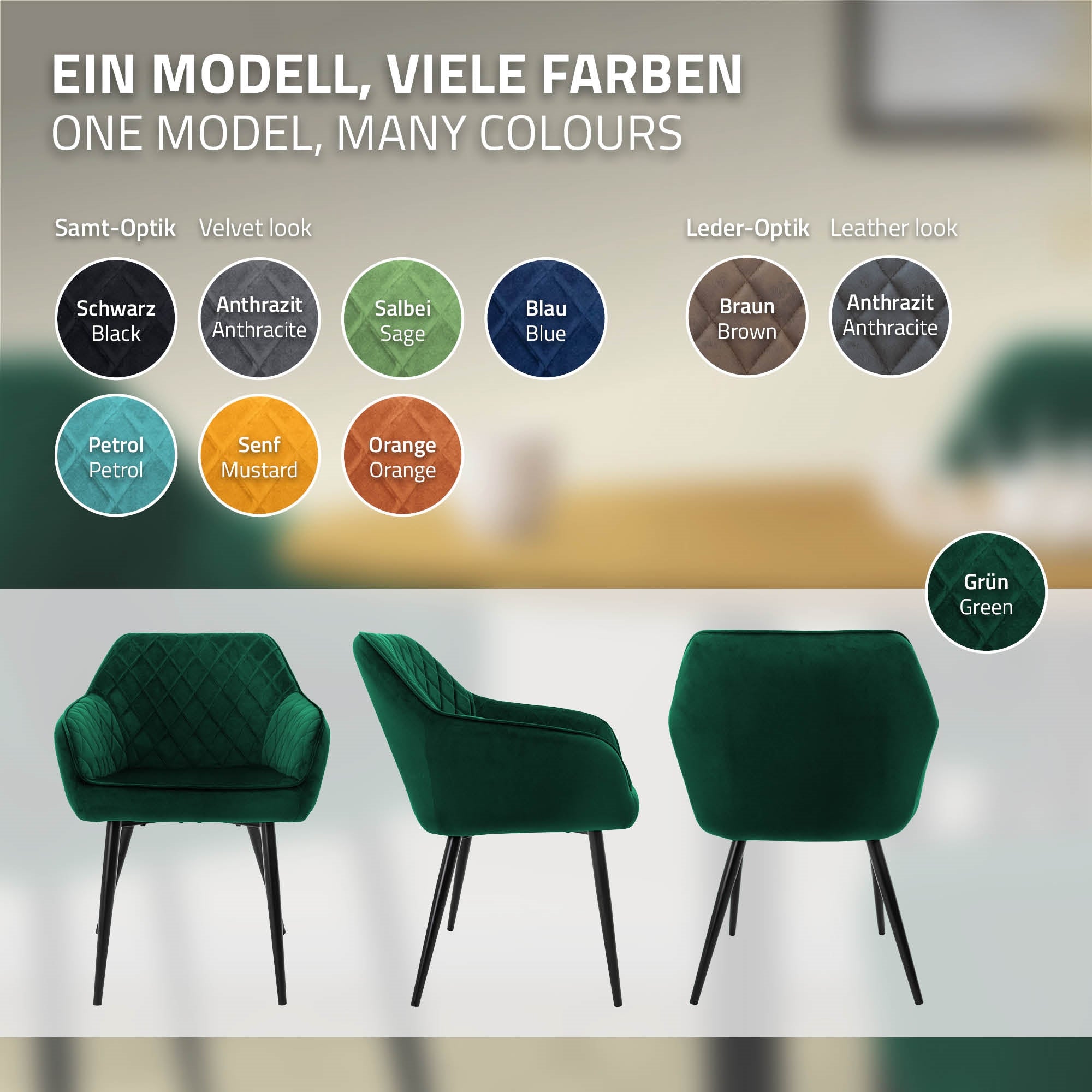 Une chaise verte dans différentes couleurs et designs.