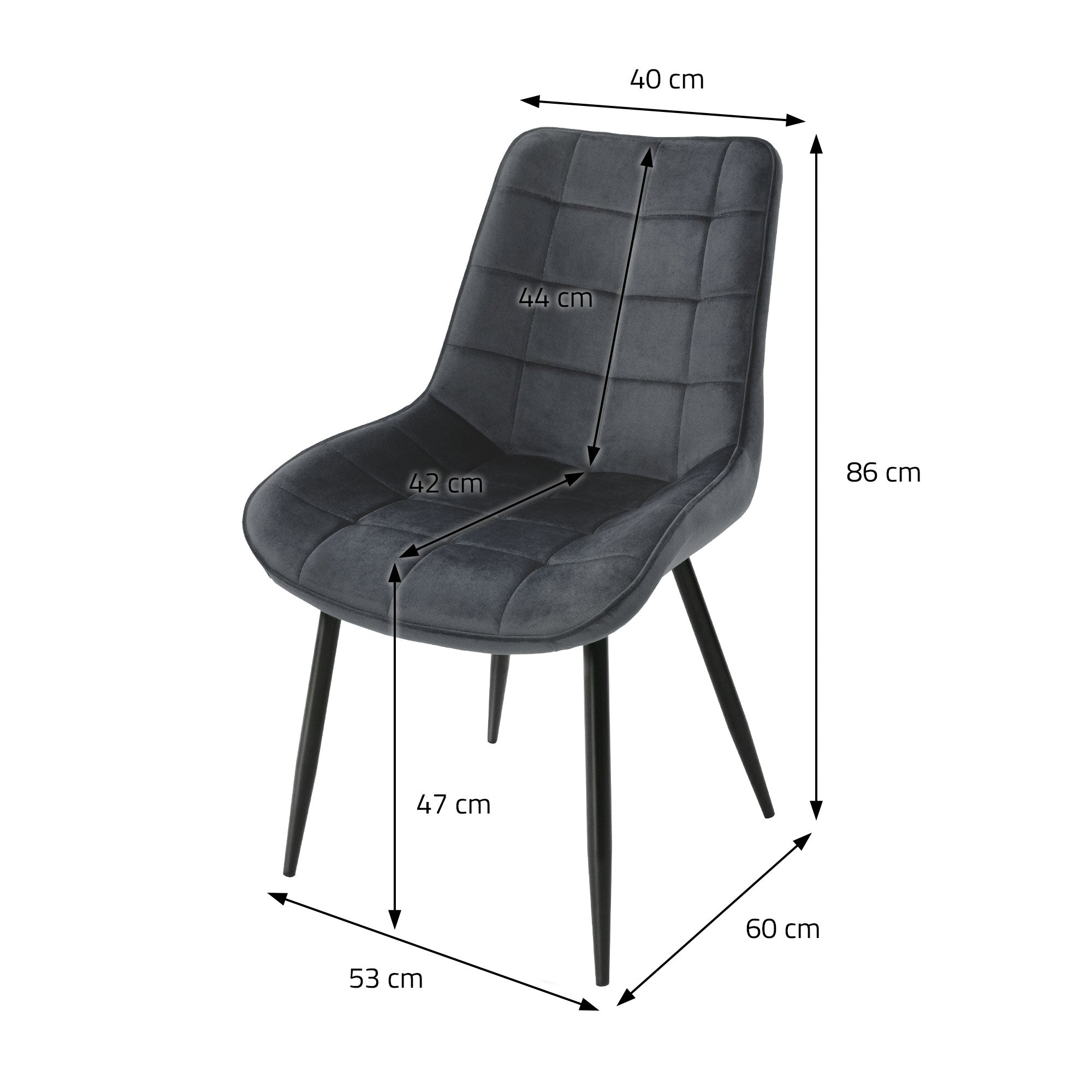 Dessin technique d'une chaise grise avec des dimensions en centimètres.