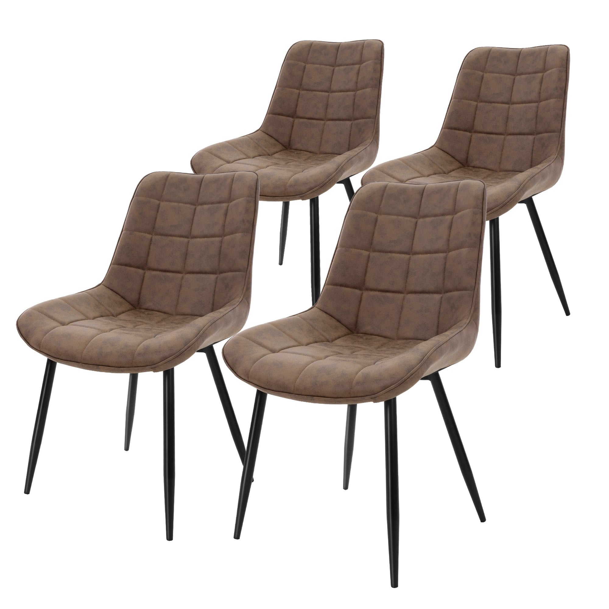 Quatre chaises brunes avec assise rembourrée et pieds noirs.