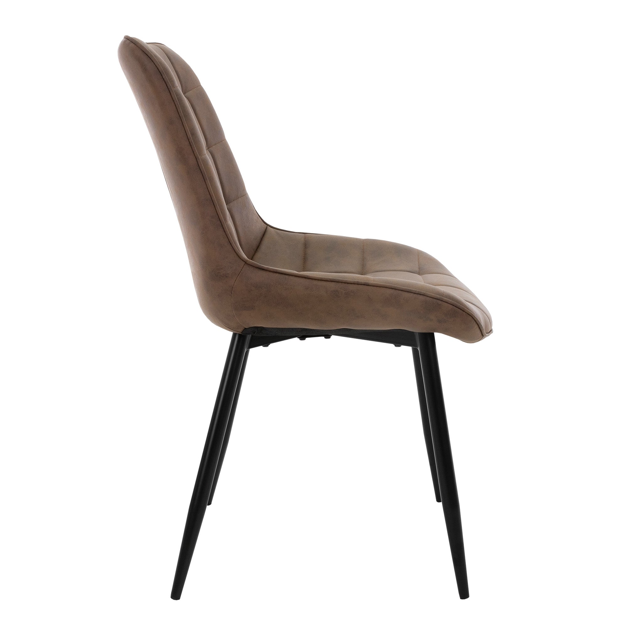 Vue de côté d'une chaise brune avec assise rembourrée et pieds noirs.