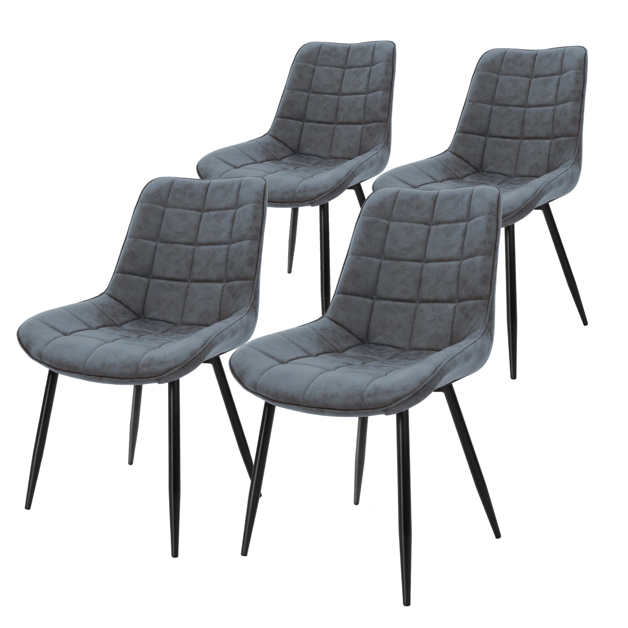Quatre chaises grises avec un motif carré sur les assises.