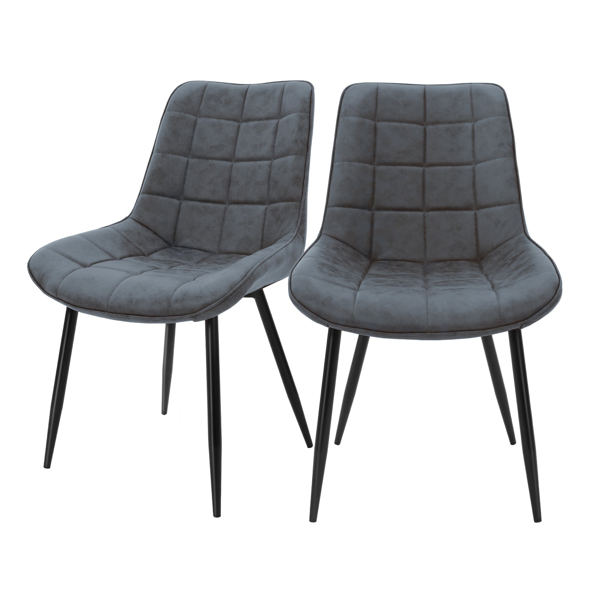 Deux chaises grises avec un siège rembourré et des pieds noirs.