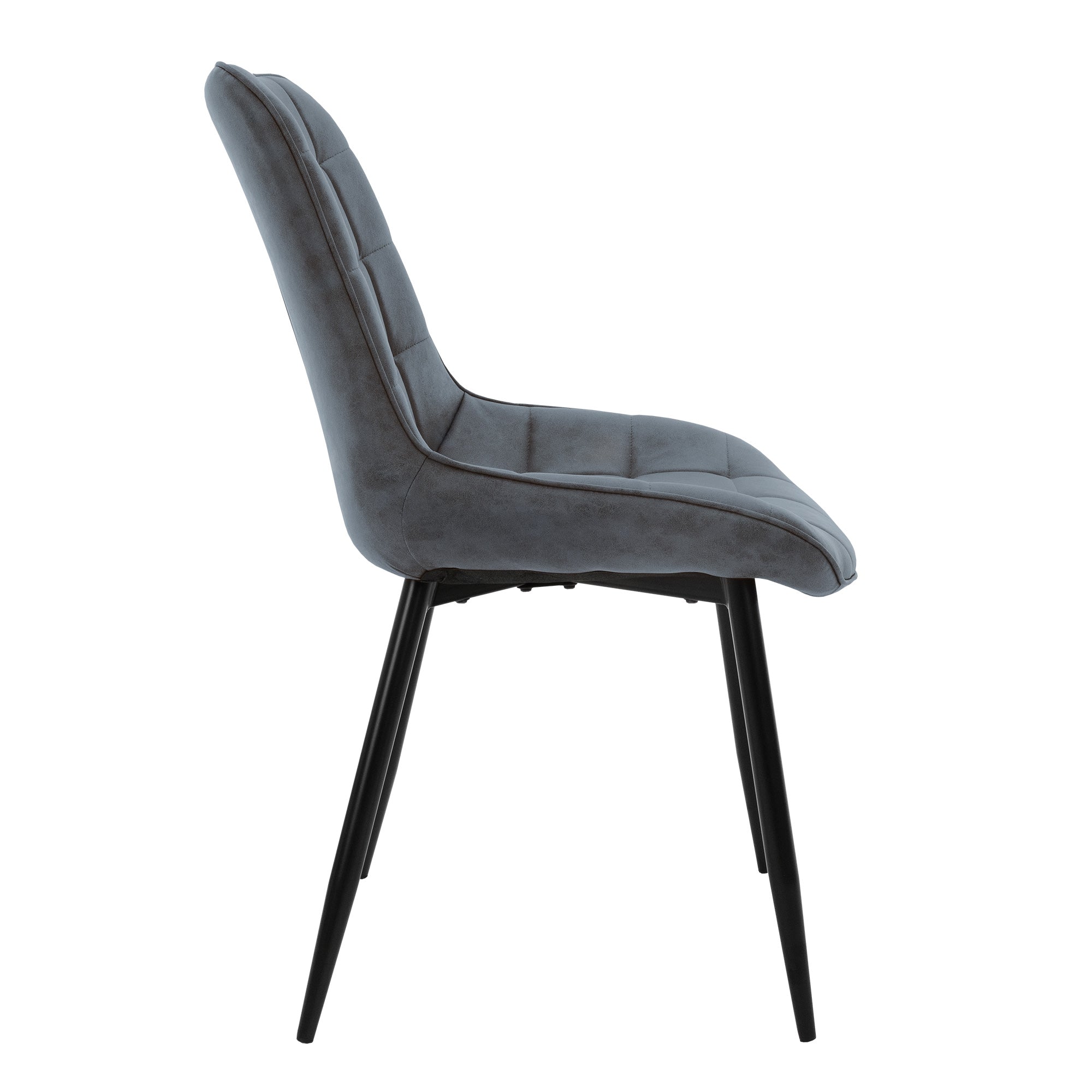 Vue latérale d'une chaise grise avec un cadre noir.