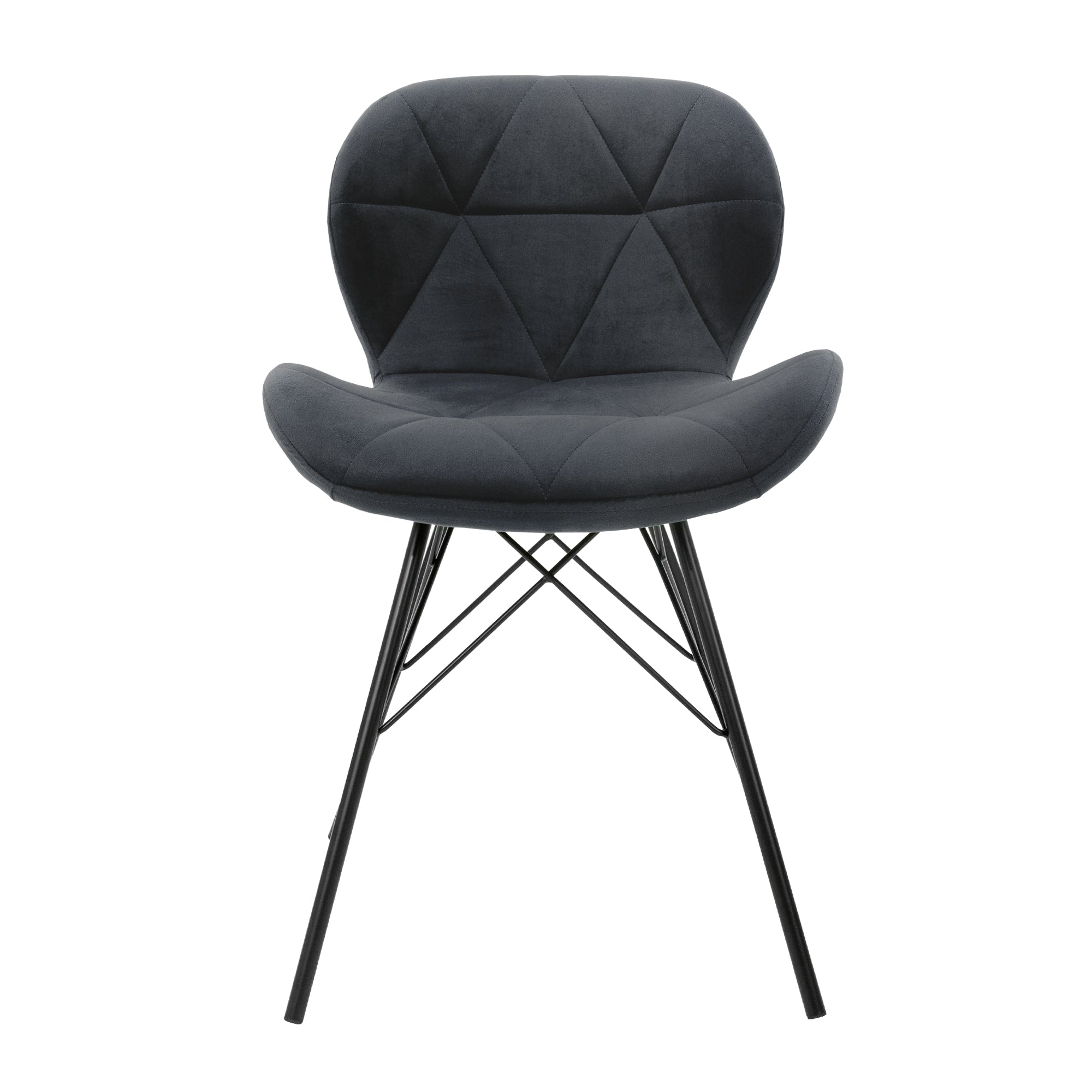 Frontal view of a gray chair with a padded seat and black metal legs.