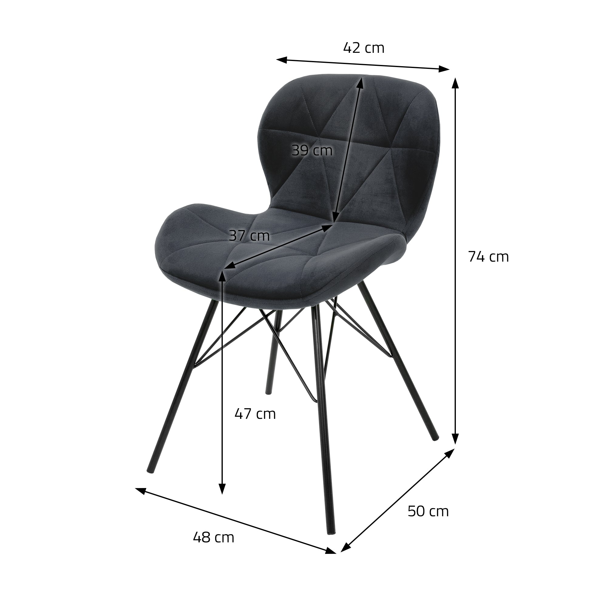 Harmaaksi värjätty tuoli, mitat: korkeus 74 cm, leveys 50 cm, syvyys 48 cm.
