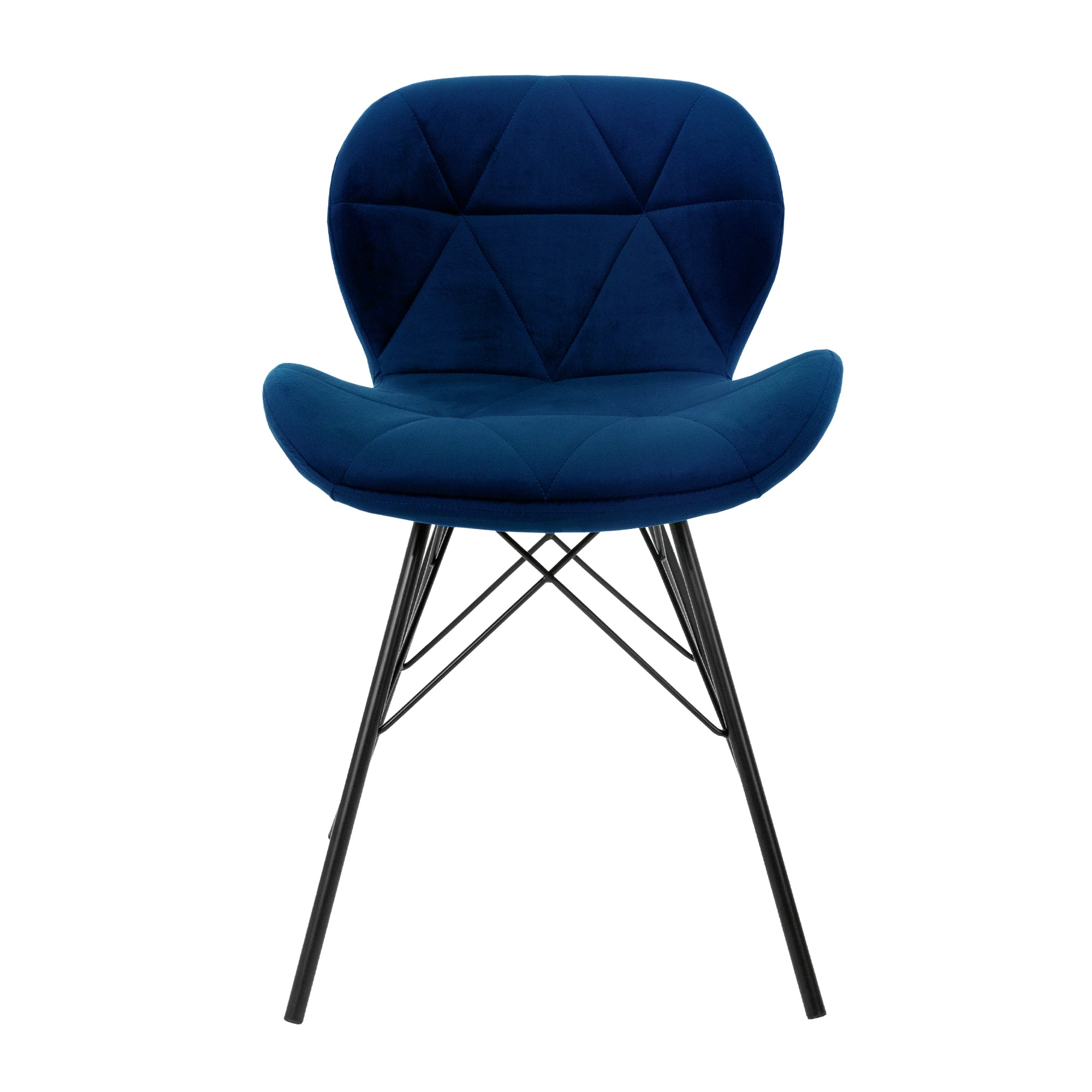 Blauer Stuhl mit gepolsterter Sitzfläche und schwarzem Gestell.