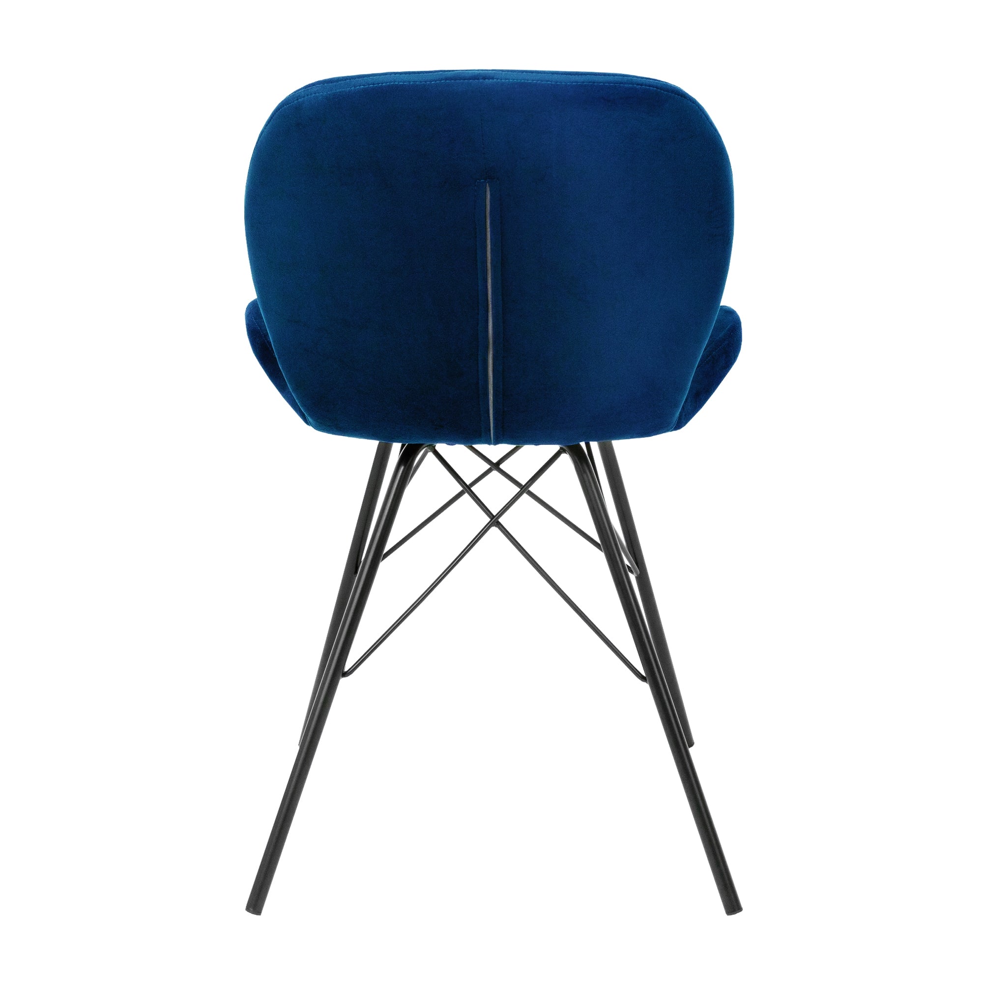 Blauer Stuhl mit geschwungener Rückenlehne und schwarzen Beinen.