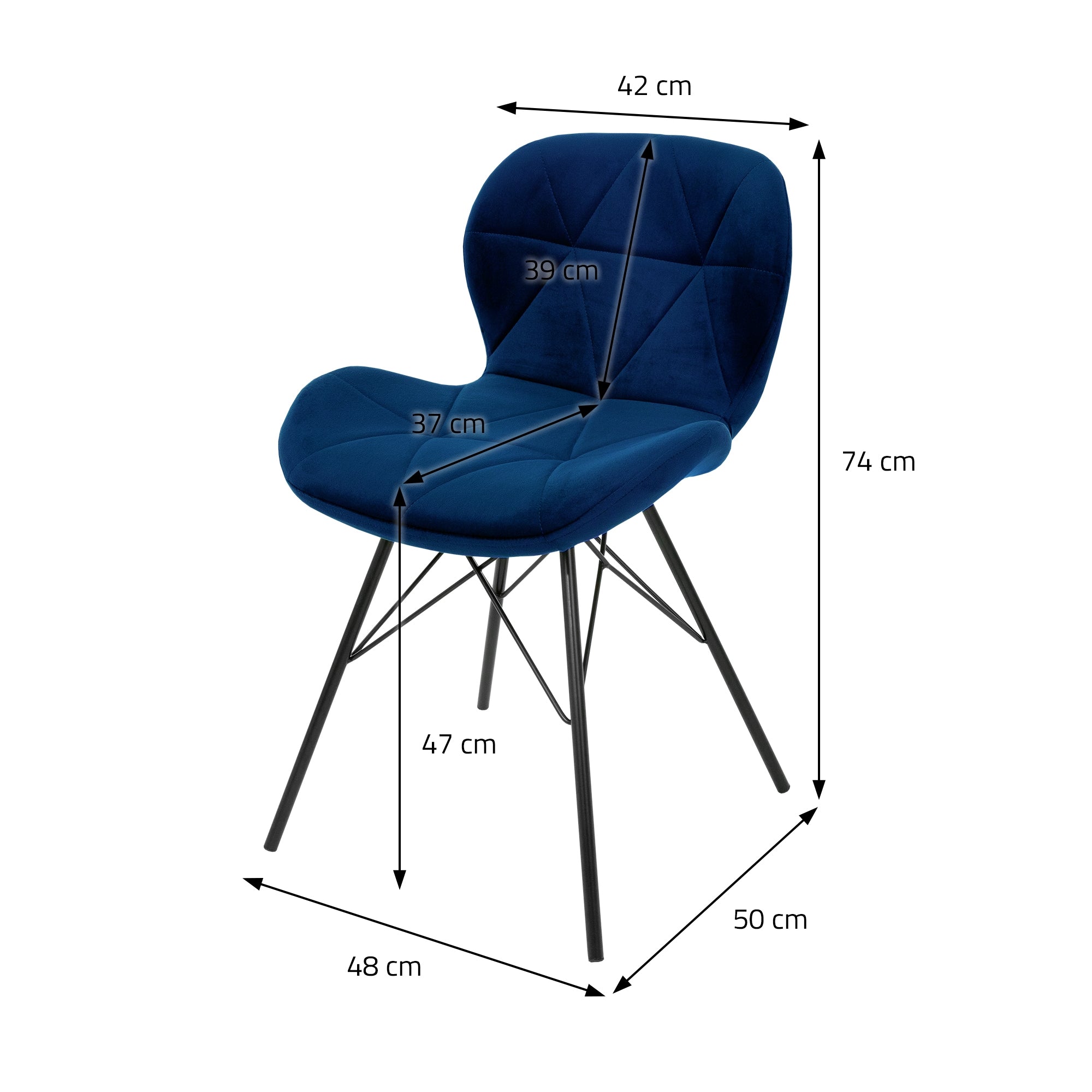 Maßzeichnung eines blauen Stuhls mit Abmessungen in Zentimetern.