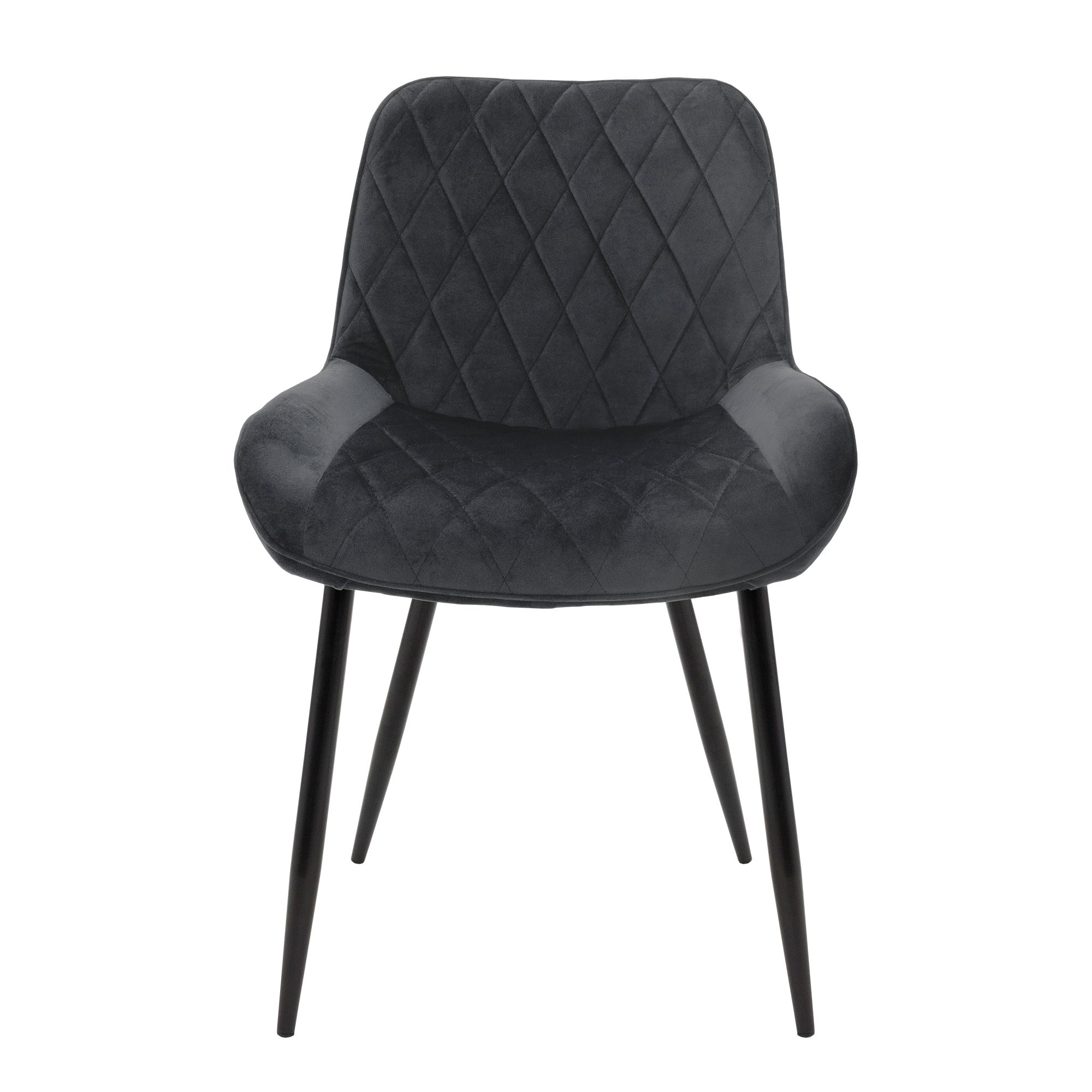 Une chaise rembourrée avec un cadre noir et une couture en forme de diamant vue de face.
