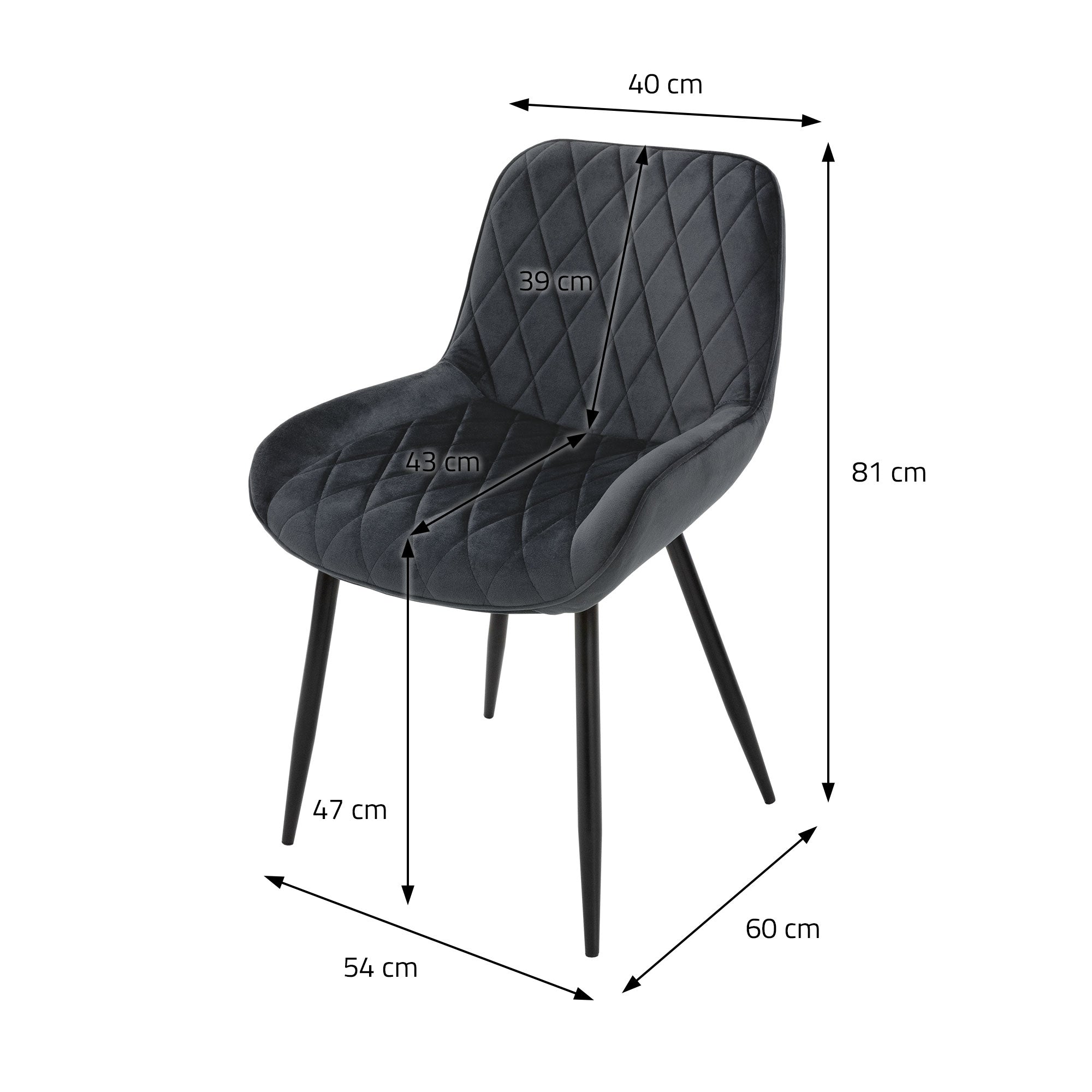 Sedia grigio scuro con misure: altezza 81 cm, larghezza 54 cm, profondità 40 cm.